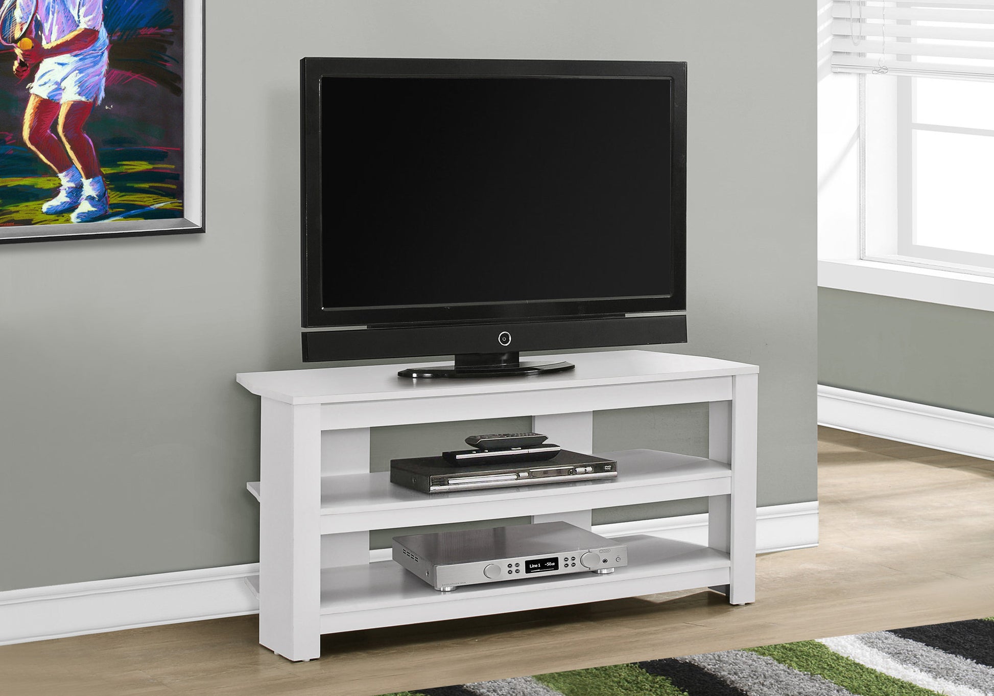 Tv Stand, 42 Inch, Console, Media Entertainment Center, Storage Shelves, Living Room, Bedroom, White Laminate, Contemporary, Modern White 80 89 Inches Particle Board