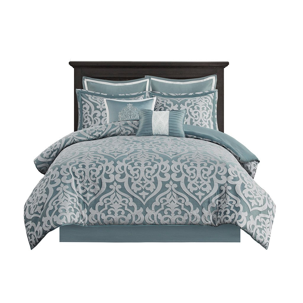 8 Piece Jacquard Comforter Set Aqua Silver Queen Queen Aqua Silver Polyester