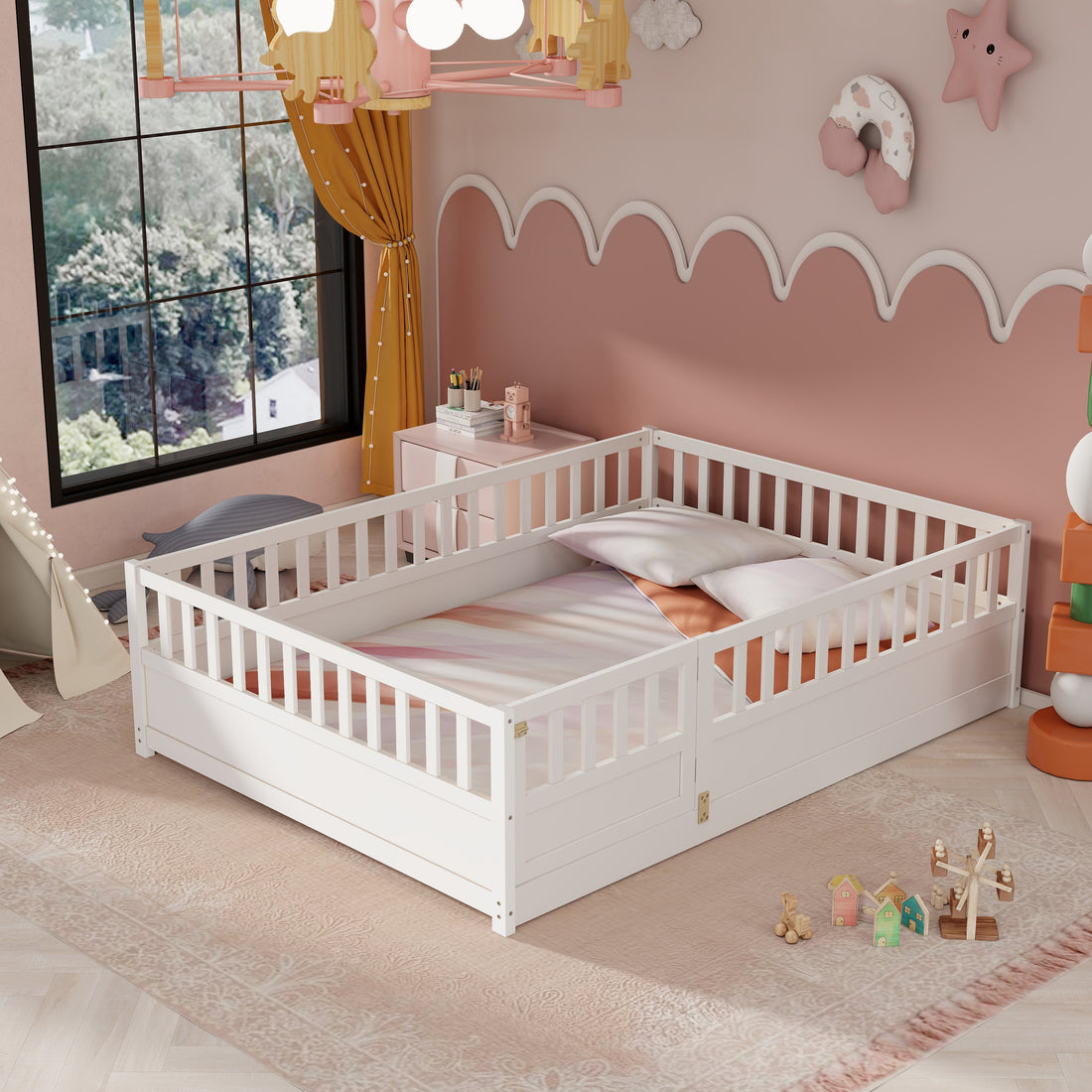 Full Size Floor Bed, Integral Construction With Super High Security Barrier, Door, Children'S Floor Bed Frame, Montessori Wooden Children'S Floor Bed, White Box Spring Required Full White Wood Brown