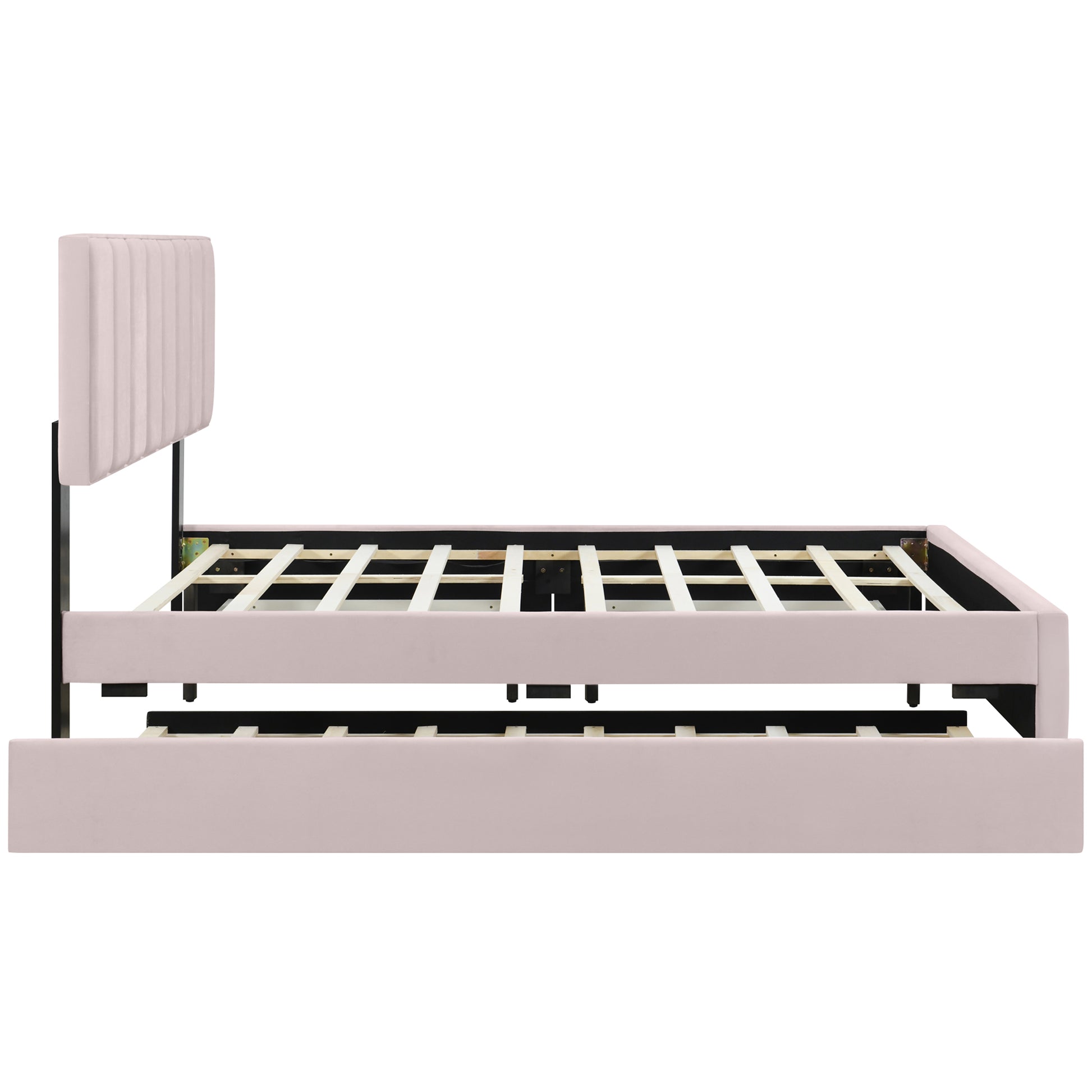 Queen Size Upholstered Platform Bed With 2 Drawers And 1 Trundle, Classic Metal Strip Headboard Design, Pink Queen Pink Mdf Lvl