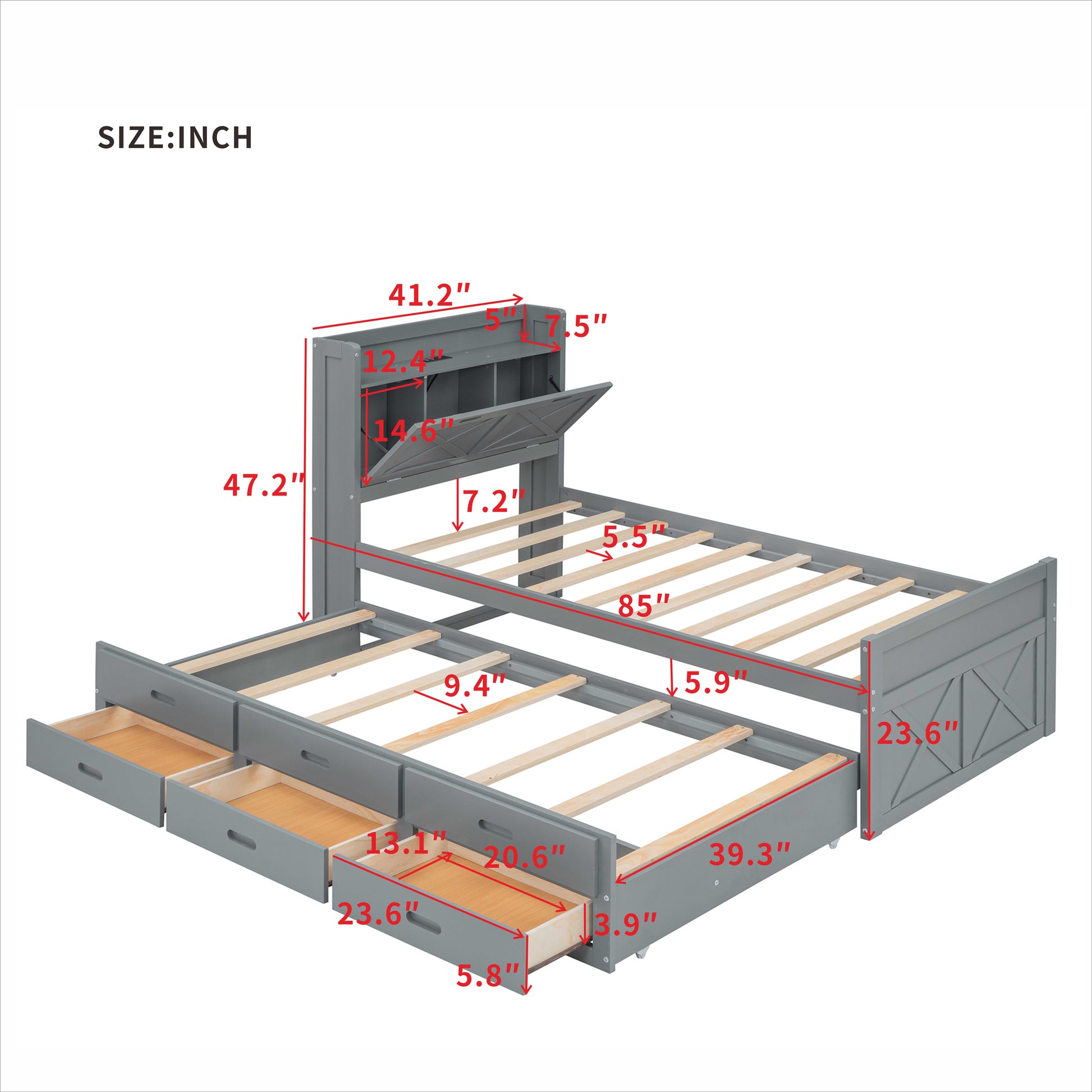 Twin Size Wooden Bed With Storage Headboard With Outlets, Extendable Bed With Twin Size Trundle With Three Storage Drawers,Gray Twin Gray Wood