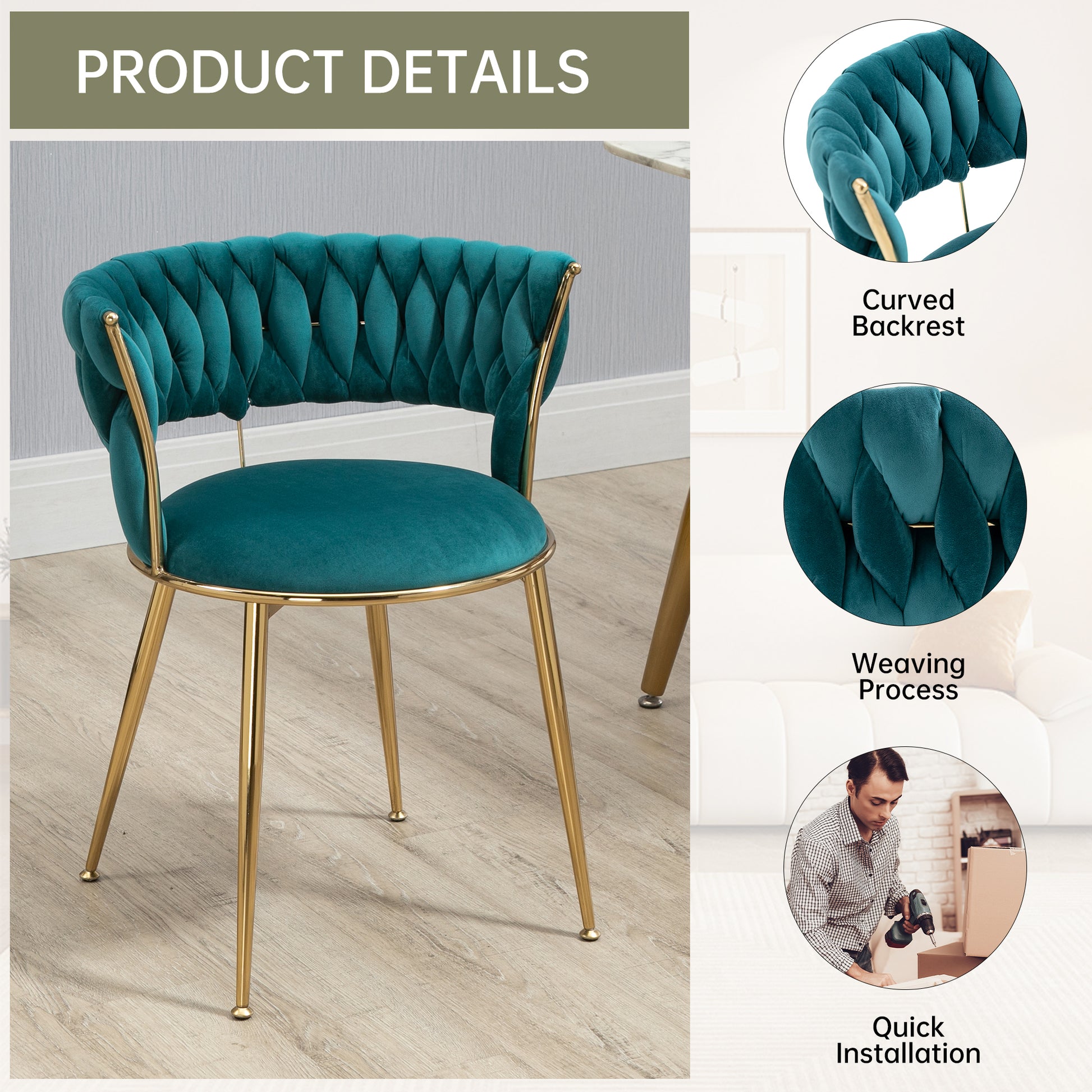Coolmore Velvet Dining Chairs Set Of 2, Woven Upholstered Dining Chairs With Gold Metal Legs, Modern Accent Chairs For Living Room, Dining Room, Kitchen Teal Velvet Teal Foam Velvet