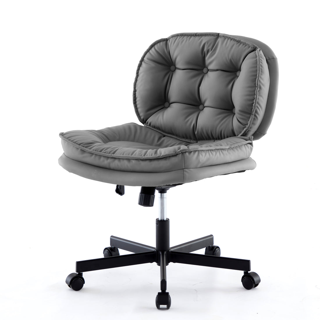 Armless Office Desk Chair With Wheels: Pu Leather Cross Legged Wide Chair,Comfortable Adjustable Swivel Computer Task Chairs For Home,Office,Make Up,Small Space,Bed Room Smoke Grey Antique Fiber Foam And Polyester Fiber Pad Pvc