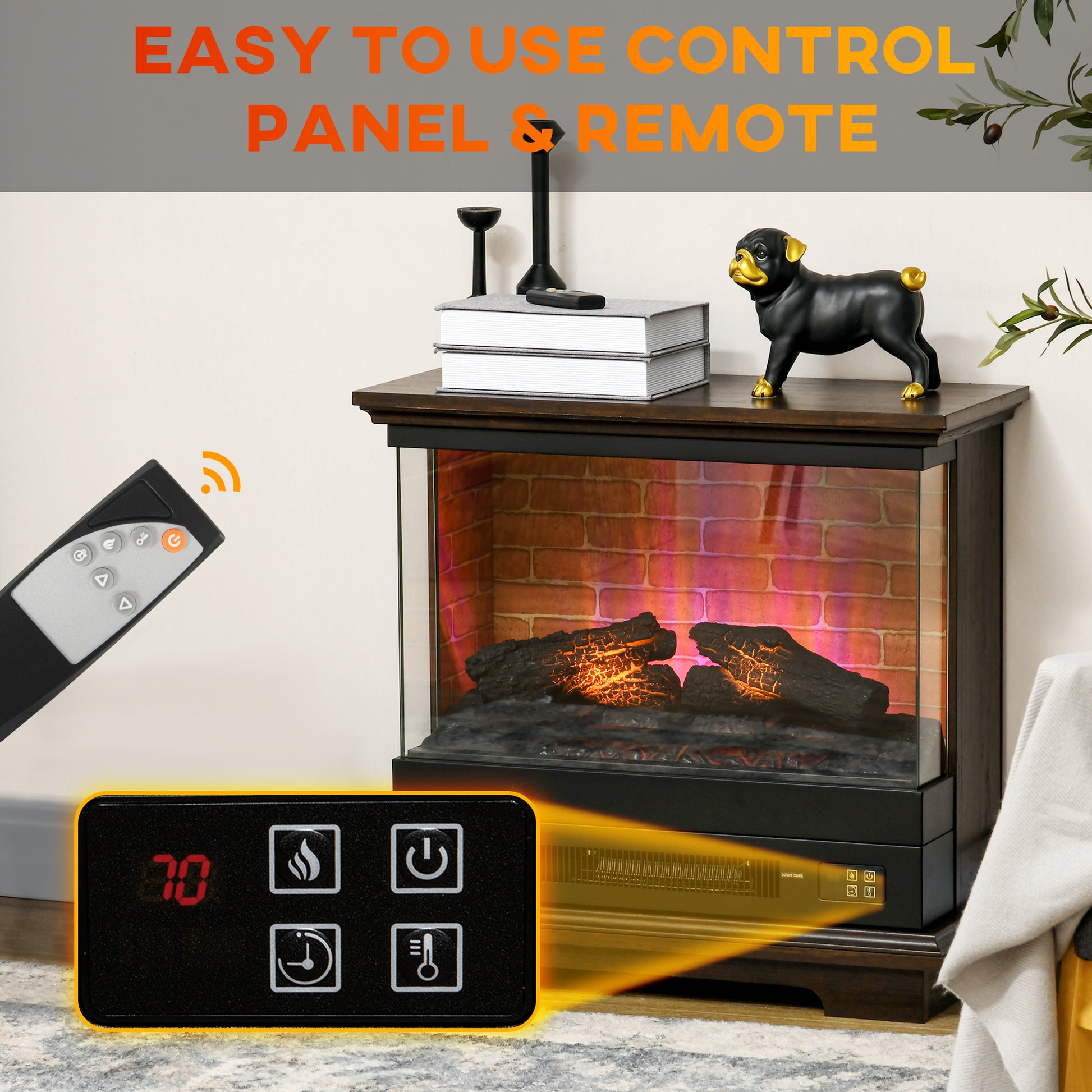 Homcom 26" Electric Fireplace Stove With Remote Control, 12H Timer, Brown Brown Metal