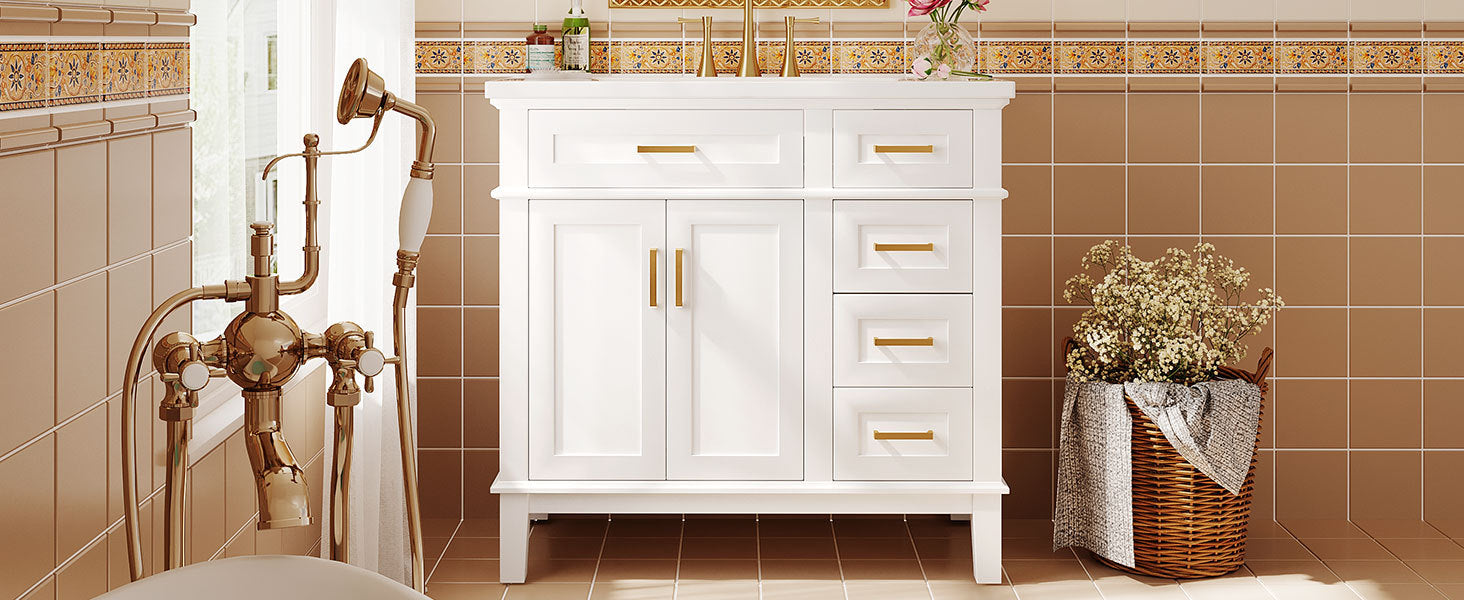 36 Inch Bathroom Vanity With Resin Sink, Modern Bathroom Cabinet In White,Featuring Two Soft Close Doors And Four Drawers White Bathroom Solid Wood Mdf Resin