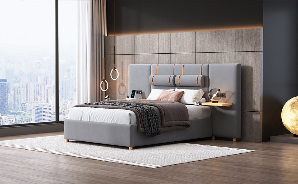 Full Size Upholstered Platform Bed With Two Outlets And Usb Charging Ports On Both Sides, Two Bedside Pillows, Storage Shelf, Velvet,Gray Full Gray Mdf Lvl