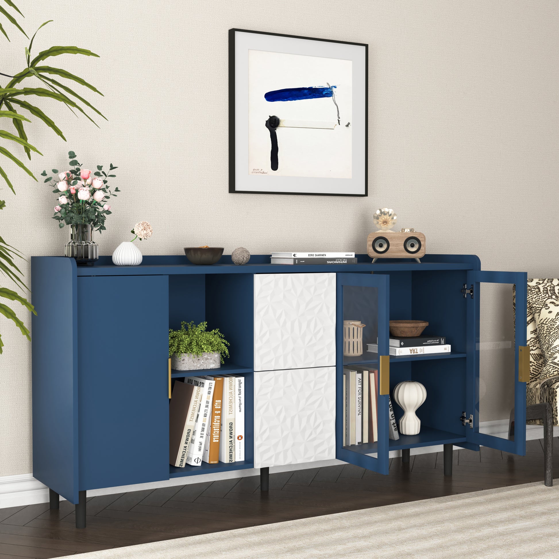 Modern Kitchen Pantry Storage Cabinet55" Coffee Bar Storage Cabinet With 2 Drawers, 2 Open Storage Compartment & 2 Glass Doors, Wood Buffet Table For Kitchen, Living Room, Blue Blue Mdf