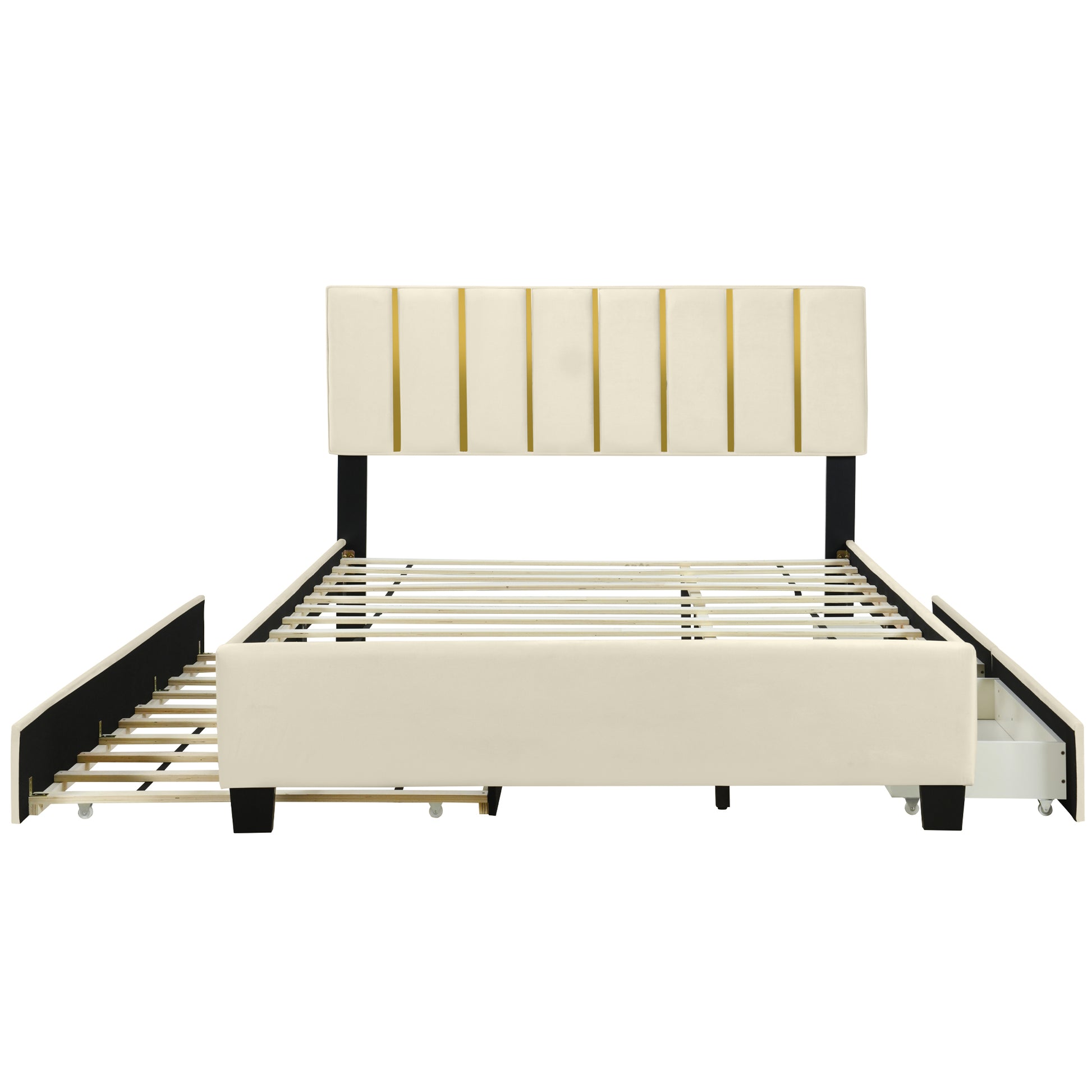 Queen Size Upholstered Platform Bed With 2 Drawers And 1 Trundle, Classic Metal Strip Headboard Design, Beige Queen Beige Mdf Lvl