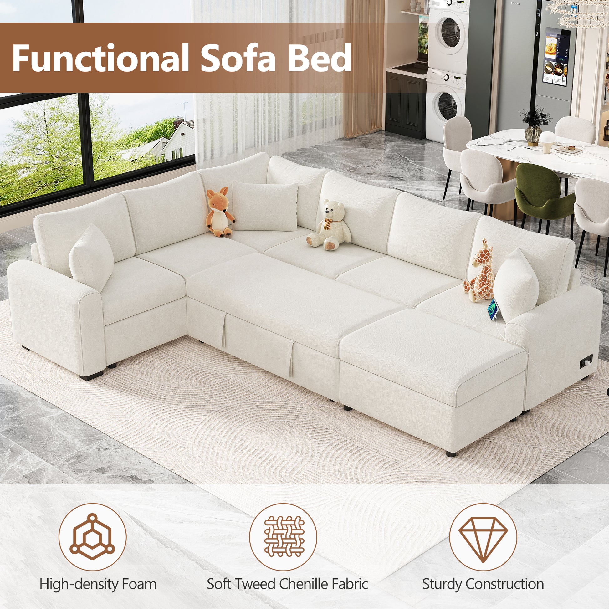 112.2" Sectional Sofa Pull Out Sofa Bed Sleeper With A Storage Ottoman,Three Pillows And Charging Devices For Living Room, Cream Cream Foam Chenille 6 Seat