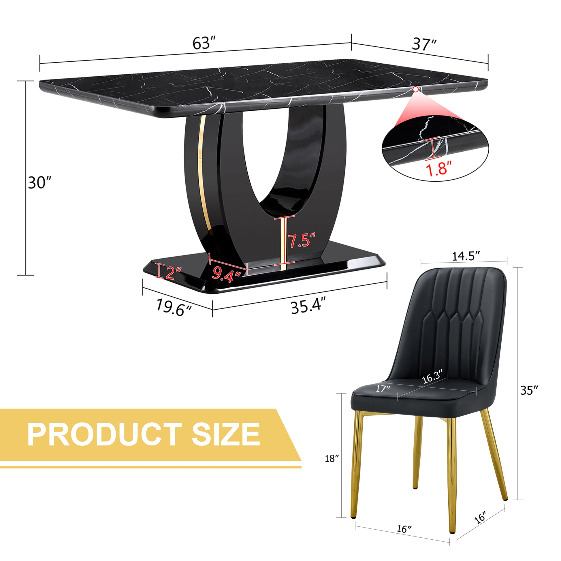 Table And Chair Set.63"W X 37"D X 30"H Black Marble Mdf Diningtable Set With 4 Black Pu Chairs With Gold Metal Legs.Bring A Comfortable Home Experience To The Kitchen, Bedroom, And Office.