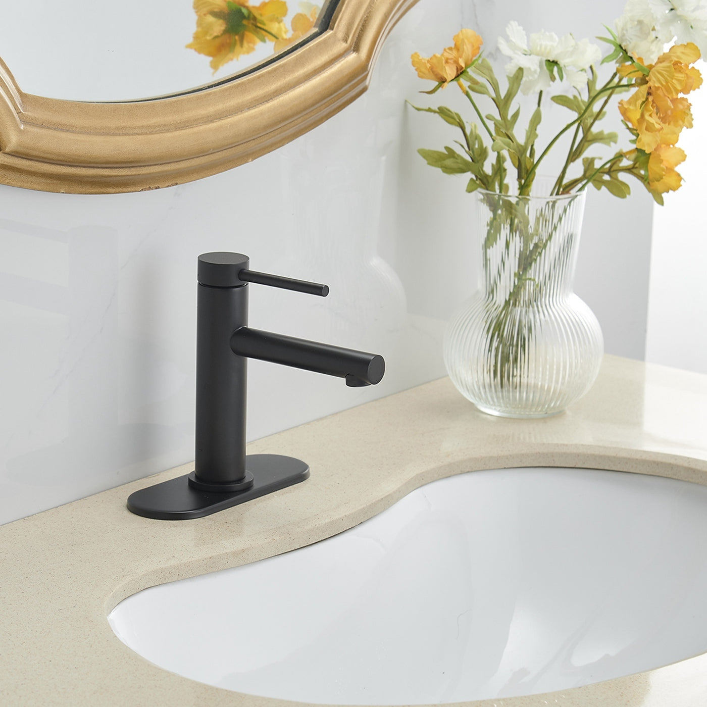 Modern Matte Black Single Handle Bathroom Faucet With Drain Matte Black Brass