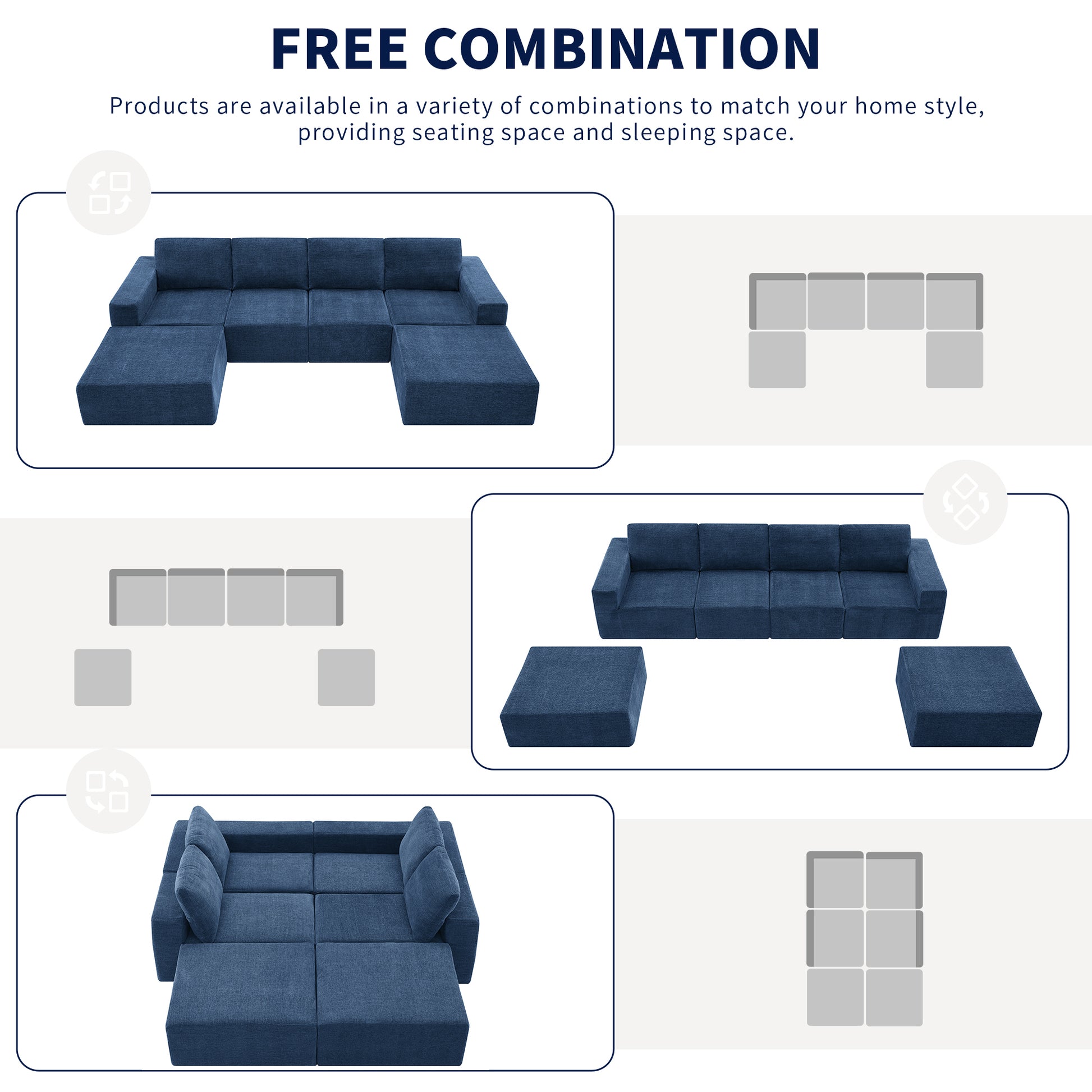 110*72" Modular U Shaped Sectional Sofa,Luxury Chenille Floor Couch Set,Upholstered Indoor Furniture,Foam Filled Sleeper Sofa Bed For Living Room,Bedroom,Free Combination,3 Colors Navy Polyester 6 Seat