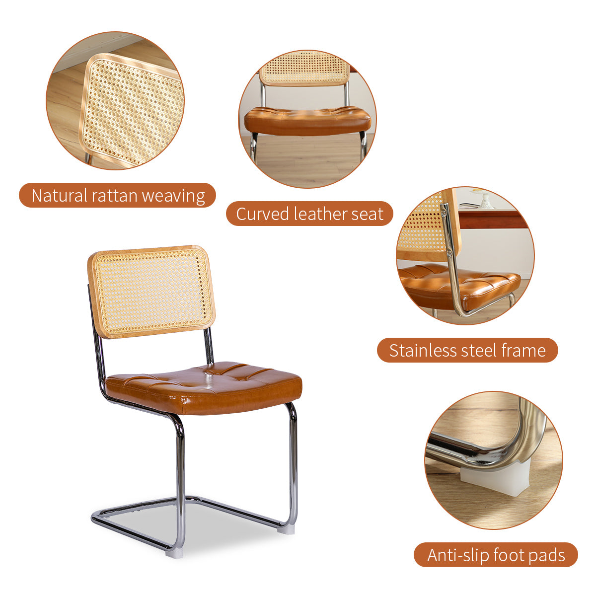 Dining Chairs Set Of 2, Fauex Leather Rattan Side Accent Chairs With Chrome Legs, Modern Mid Century Breuer Designed Chairs, Upholstered Dining Living Room Kitchen Chairs Brown 2Pcs Brown Faux