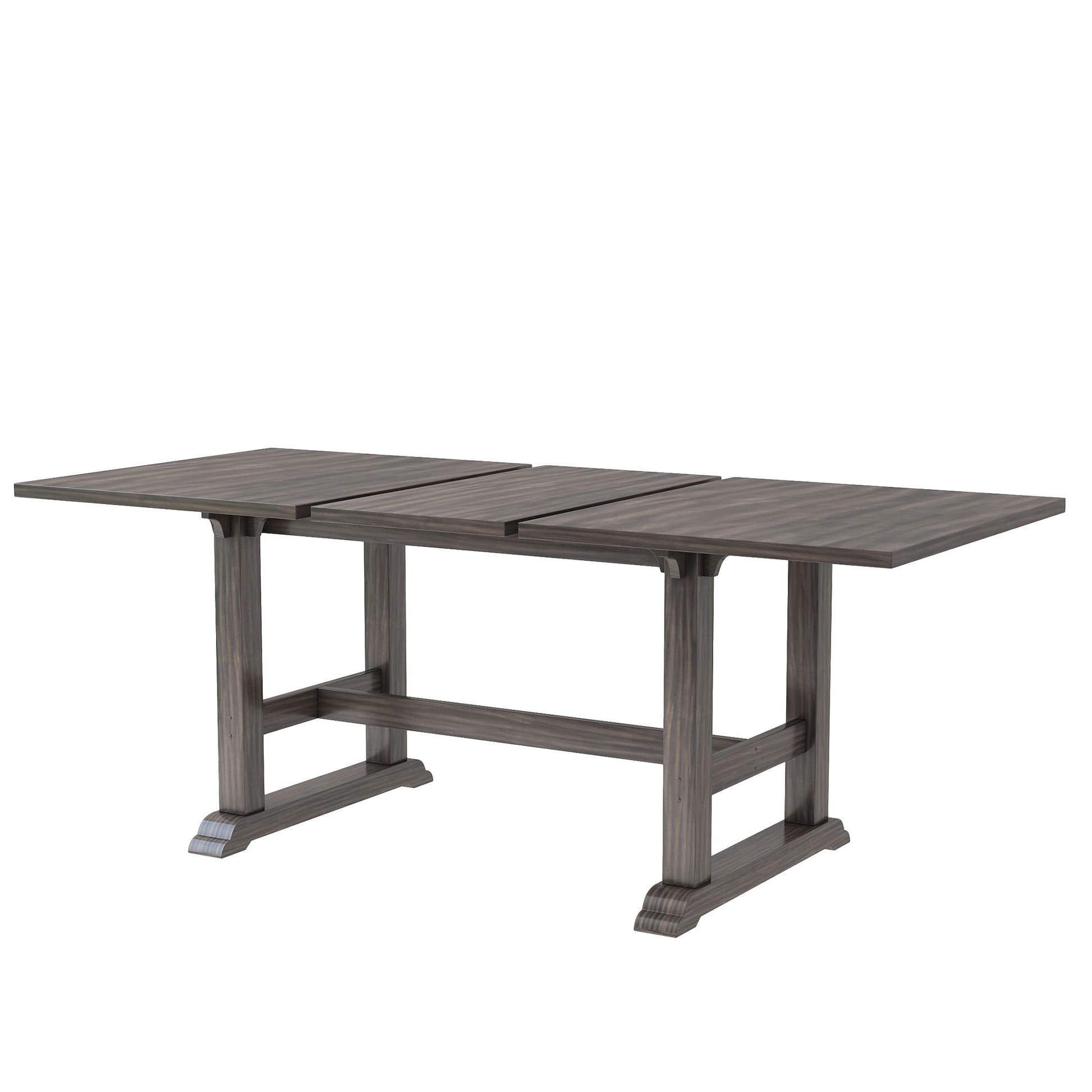 7 Piece Updated 76.9Inch Extendable Trestle Dining Table Set With Removable Leaf, Kitchen Table Set With Upholstered Side Chair And Arm Chair, Set Of 6, Grey Brown Wood Dining Room Solid Wood Rubberwood Rectangular Dining Table With Chair Upholstered