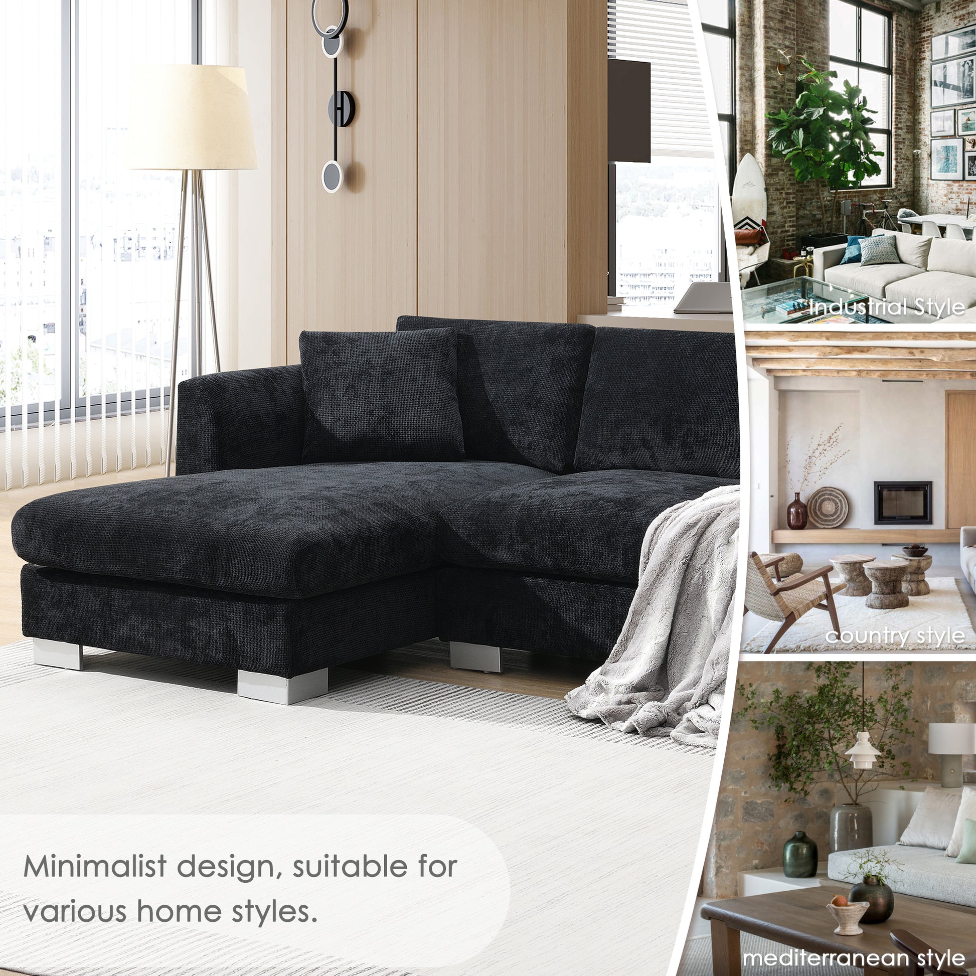 96*56" Modern Cloud Sectional Sofa,L Shaped Luxury Couch Set With 2 Free Pillows,4 Seat Chenille Indoor Furniture With Oversized Chaise For Living Room,Apartment,Office,3 Colors Black Chenille 4