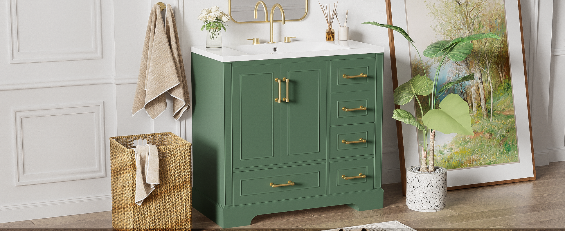 36 Inch Traditional Bathroom Vanity With Resin Sink Combo Set, Green Bathroom Cabinet With Two Doors And Four Drawers Green Bathroom Solid Wood Mdf Resin