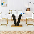 Table And Chair Set. A Rectangular Glass Dining Table With A 0.4 Inch Tempered Glass Tabletop And Mdf Board V Shaped Bracket, Paired With Chairs Consisting Of Pu Seat Cushions And Golden Metal Legs. White Black Seats 4 Tempered Glass