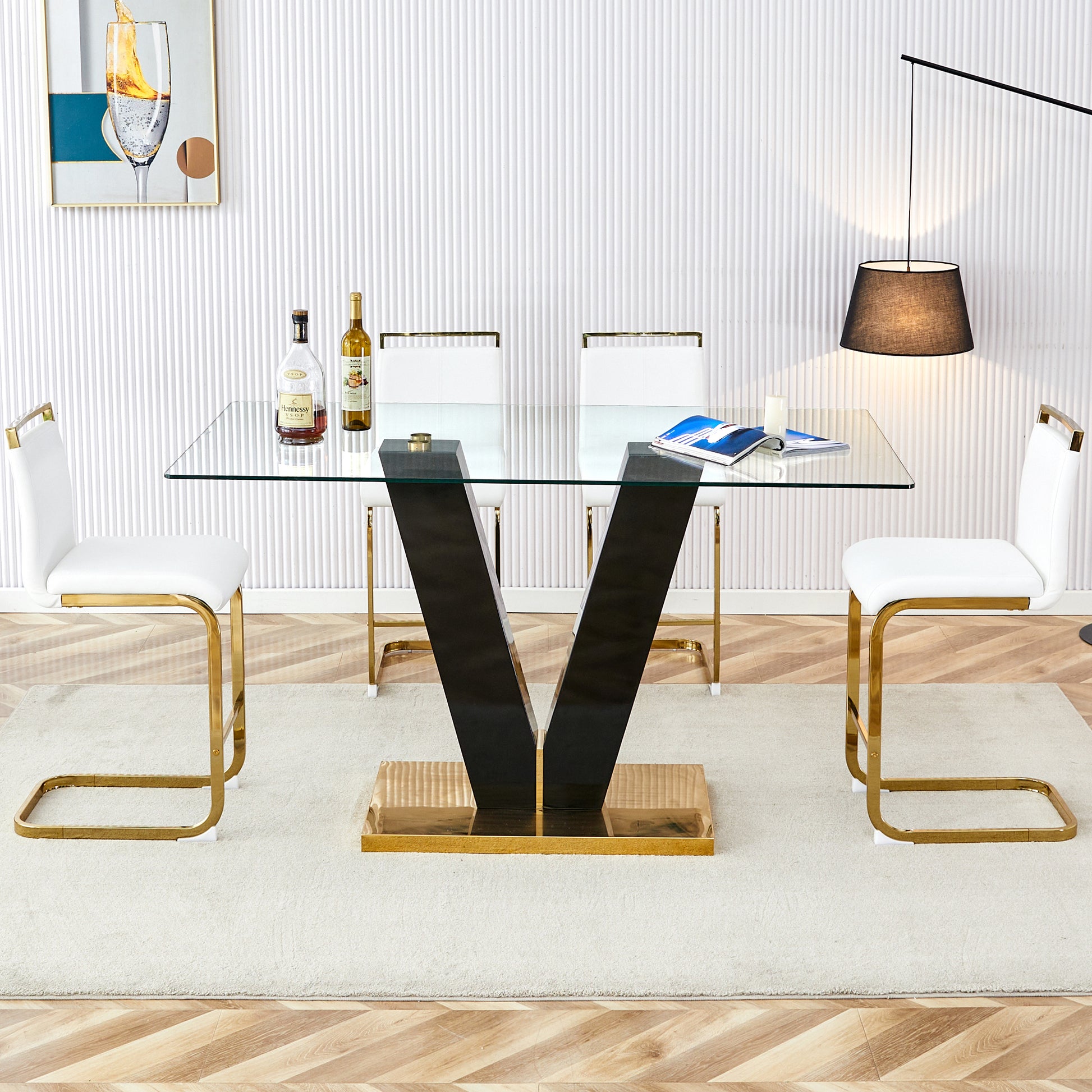 Table And Chair Set. A Rectangular Glass Dining Table With A 0.4 Inch Tempered Glass Tabletop And Mdf Board V Shaped Bracket, Paired With Chairs Consisting Of Pu Seat Cushions And Golden Metal Legs. White Black Seats 4 Tempered Glass
