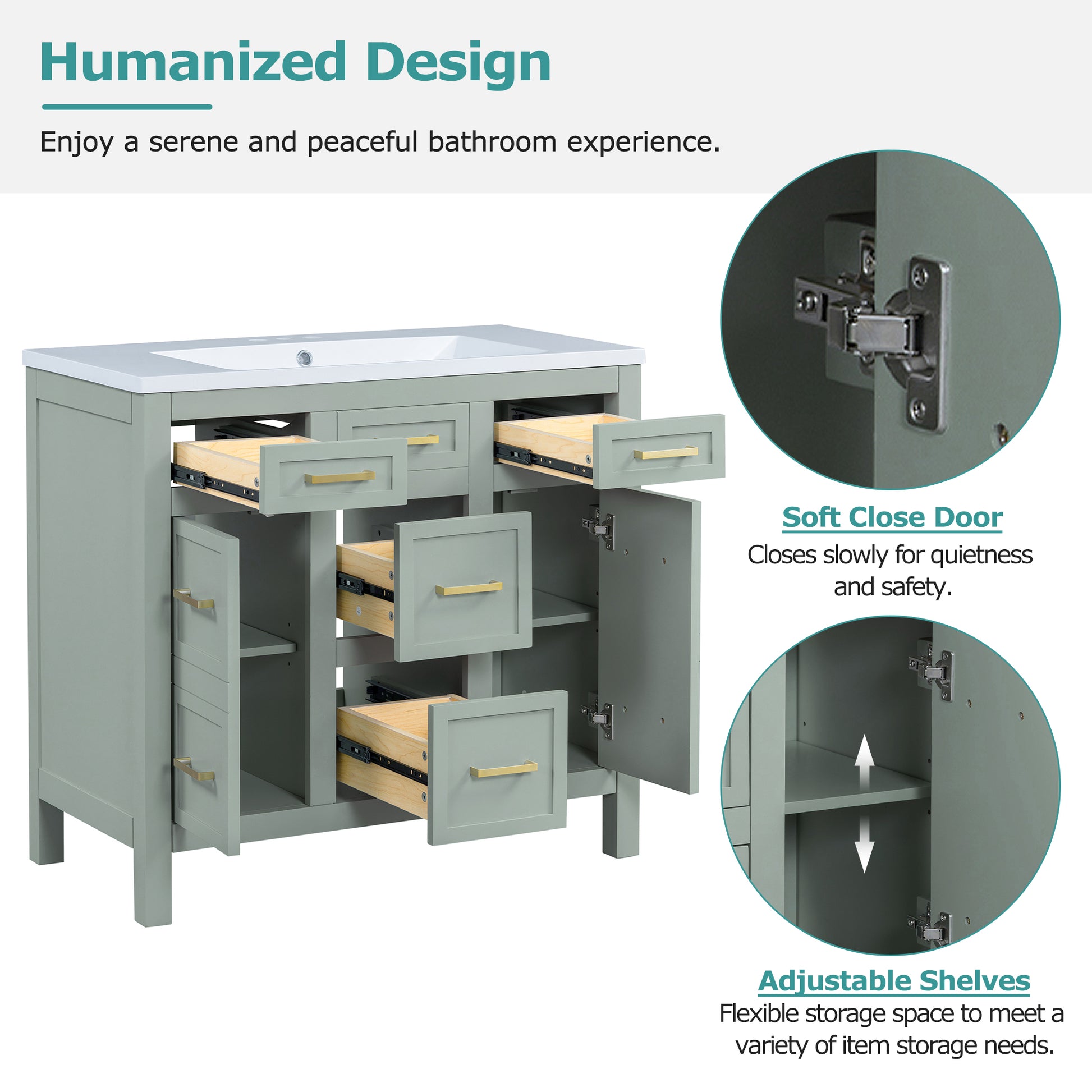 36" Bathroom Vanity Cabinet With Resin Integrated Sink 4 Drawers, 2 Doors Green Bathroom Solid Wood Mdf Resin