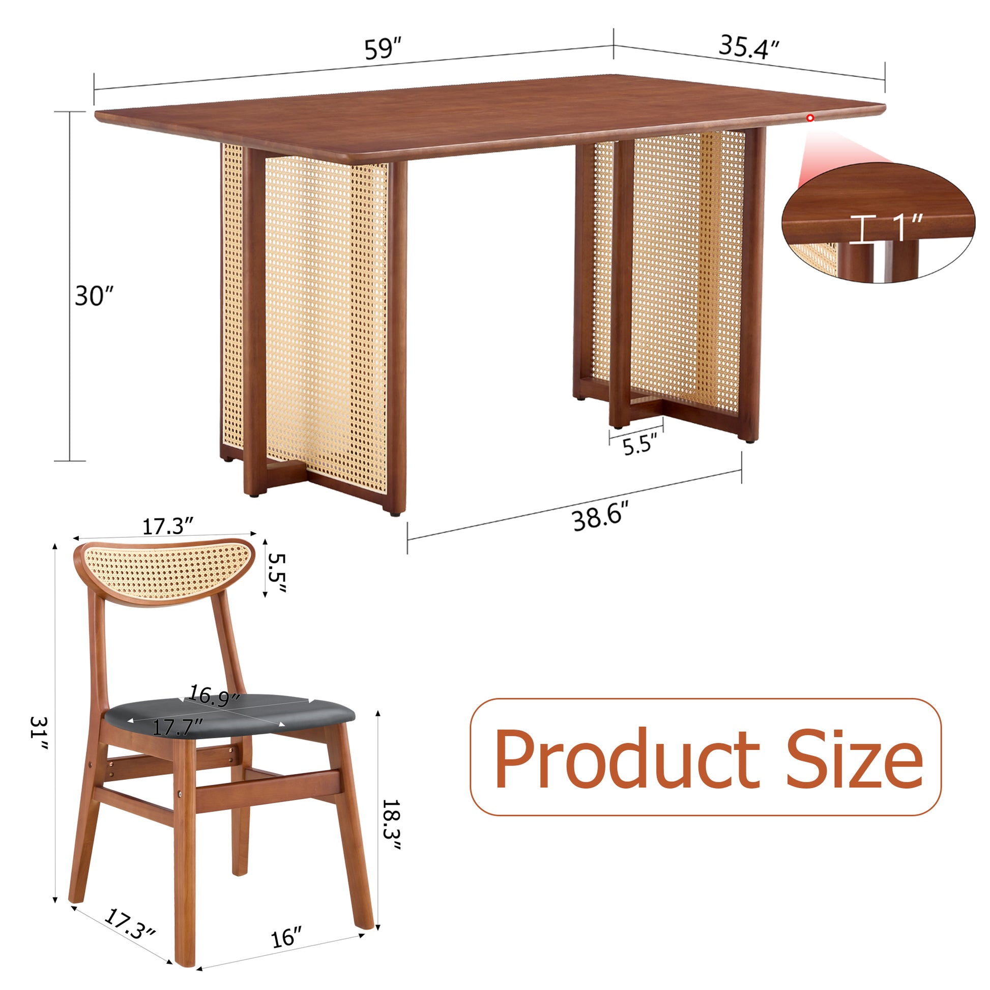 Table And Chair Set, Ancient Style Solid Wood Dining Table, Imitation Rattan Table Legs, Beautiful Simple Solid Wood Dining Chair, Perfect For Dinner, Meetings, Home And Office Decoration Walnut Rubber Wood