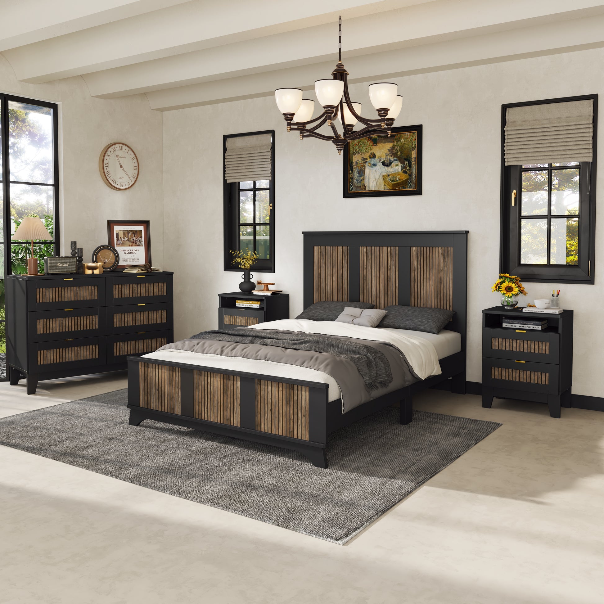 4 Pieces Bedroom Sets, Full Size Farmhouse Platform Bed With Wooden Strip Decoration, Storage Nightstand And Dresser With Metal Handle, Black Full Black 4 Piece Set Particle Board