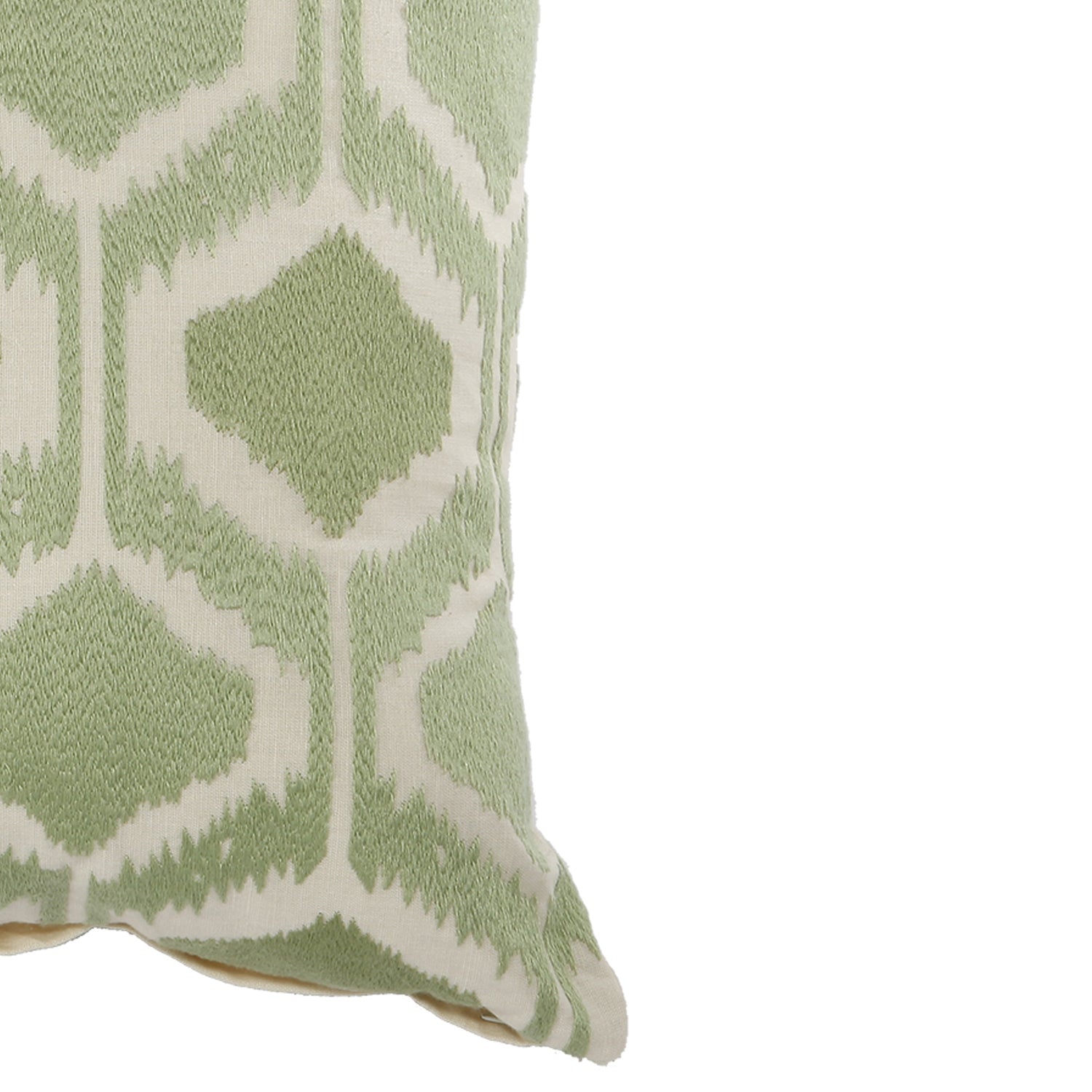 20 X 18 Inch Cotton Pillow With Fretwork Embroidery, Green And White White Green Polyester Blend