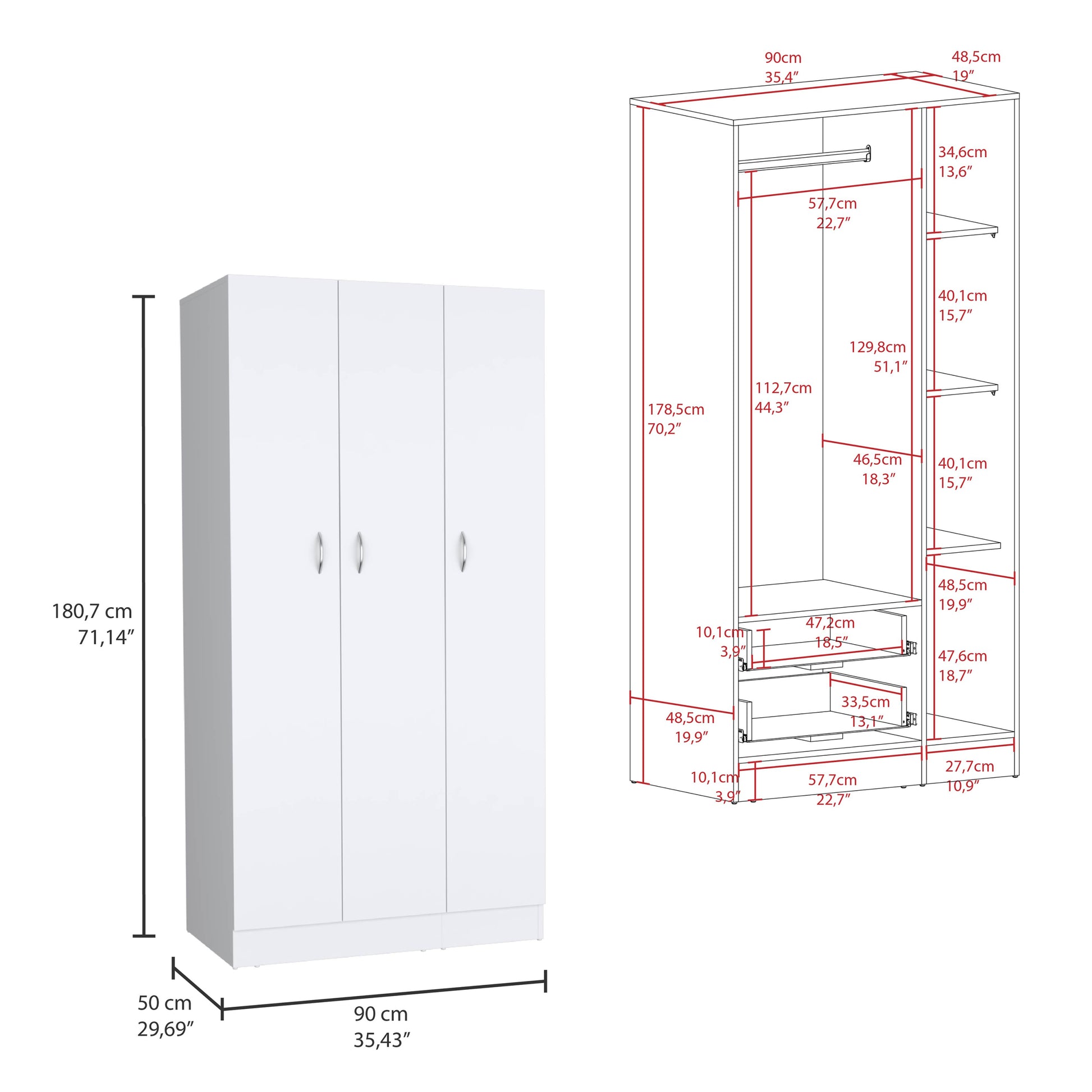 Ohio Armoire Wardrobe With 3 Doors, 2 Drawers, And 4 Tier Shelves White White Bedroom Particle Board