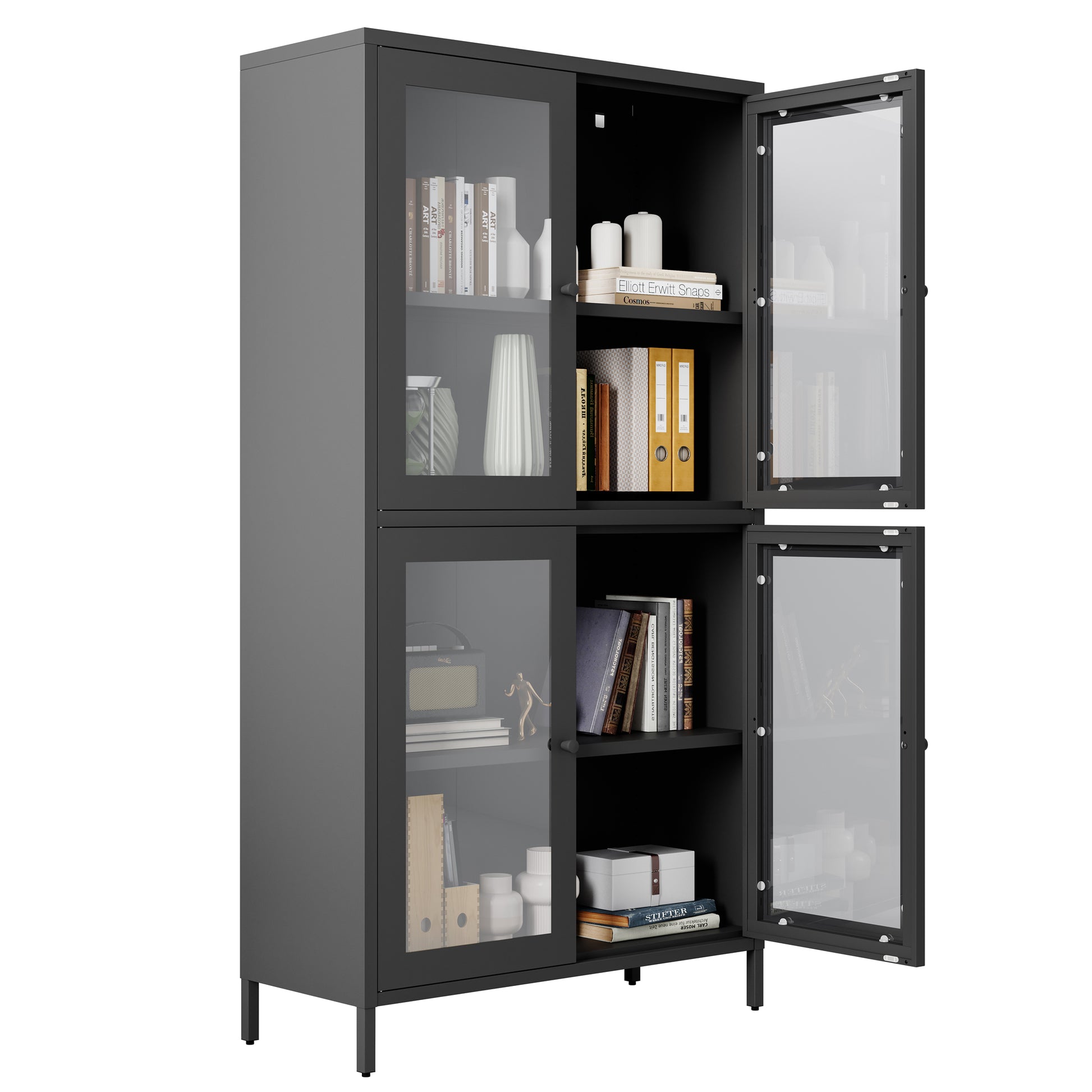 Classic Metal Storage Cabinet Display Cabinet With 4 Glass Doors 4 Shelves Cabinet Bookcase Side Cabinet For Home Office Living Room Kitchen Hallway Black, Flat Tempered Glass Freestanding 3 4 Shelves Glass Pane Black Study Glass Doors Classic Steel