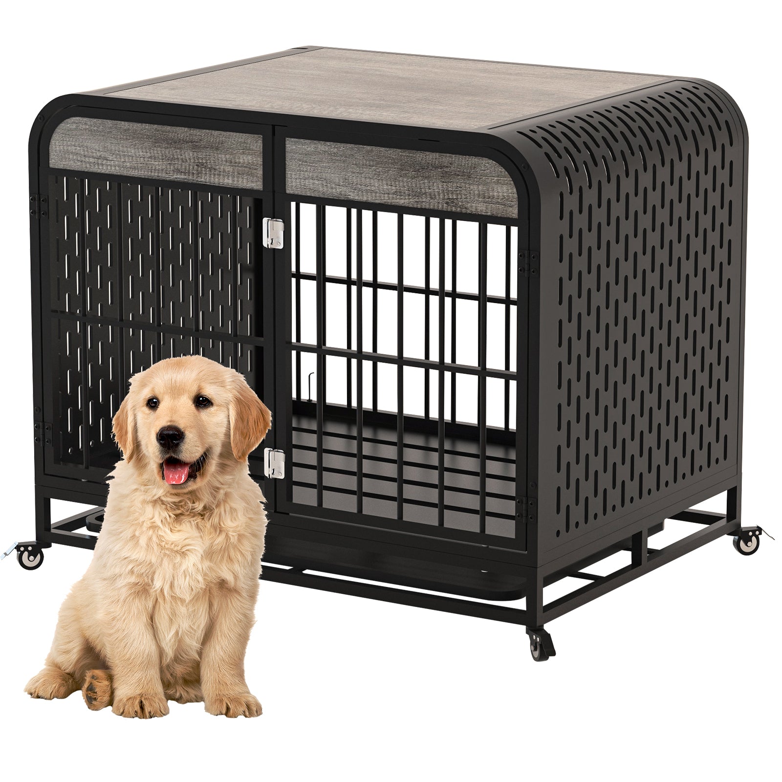 Heavy Duty Dog Crate Furniture Wooden Table Pet Dog Cage Kennel House Indoor Side End Table Decor With Removable Trays And Lockable Wheels For Small Dogs 33" Grey Grey Outdoor Kennel Small 11 25 Lbs Mdf Steel