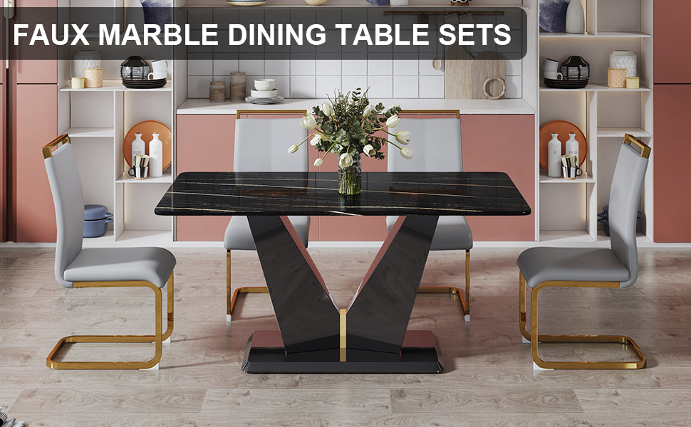 Table And Chair Set,Modern Rectangular Dining Table, 0.4 Inch Thick, With A Black Imitation Marble Pattern Glass Desktop And Black Mdf Legs. Comfortable Pu Seats,Perfect For Dinner, Meet. Grey Black Seats 4 Mdf Glass