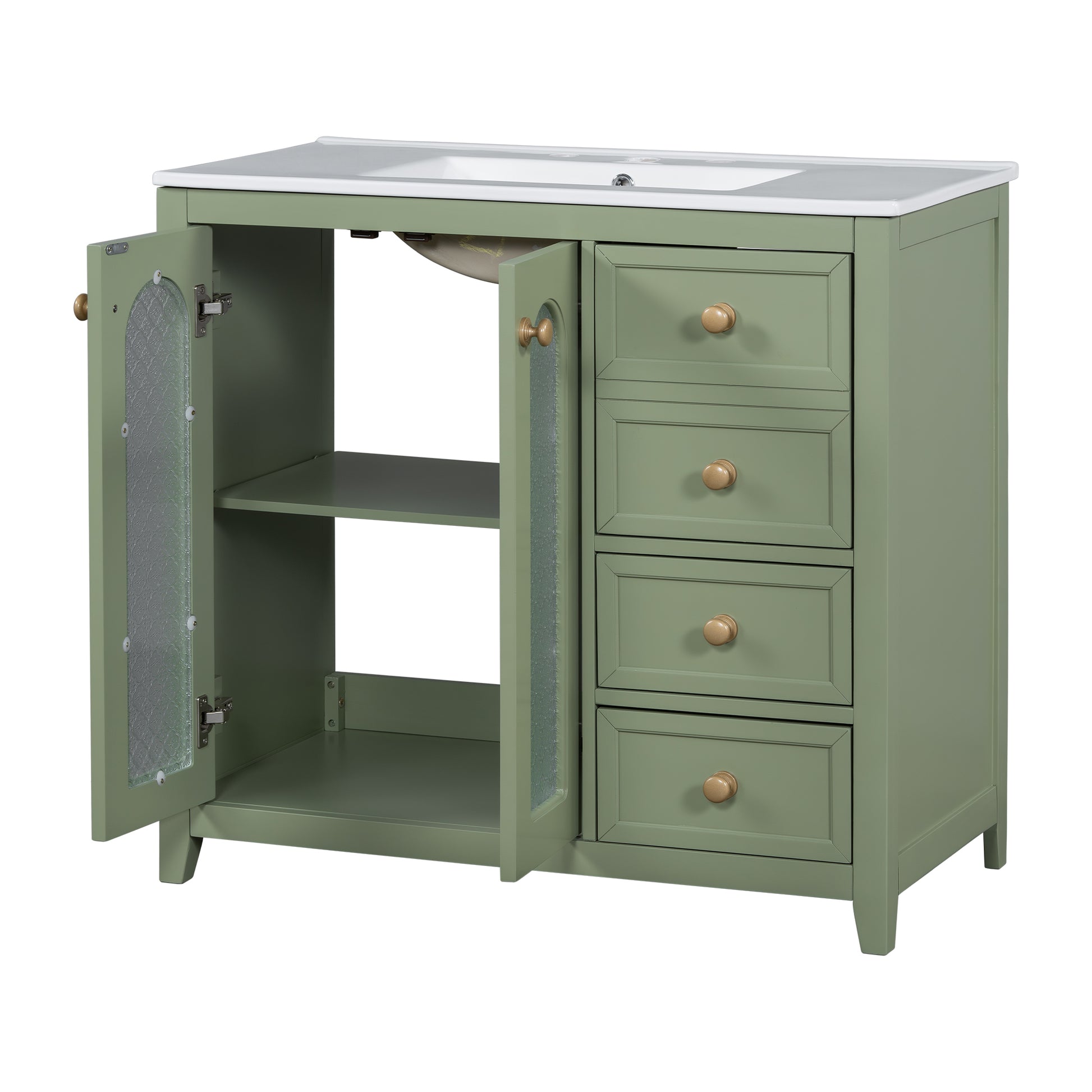 36 Inch Bathroom Vanity With Two Soft Close Doors, Adjustable Shelves And Three Soft Close Drawers Green Bathroom Solid Wood Mdf