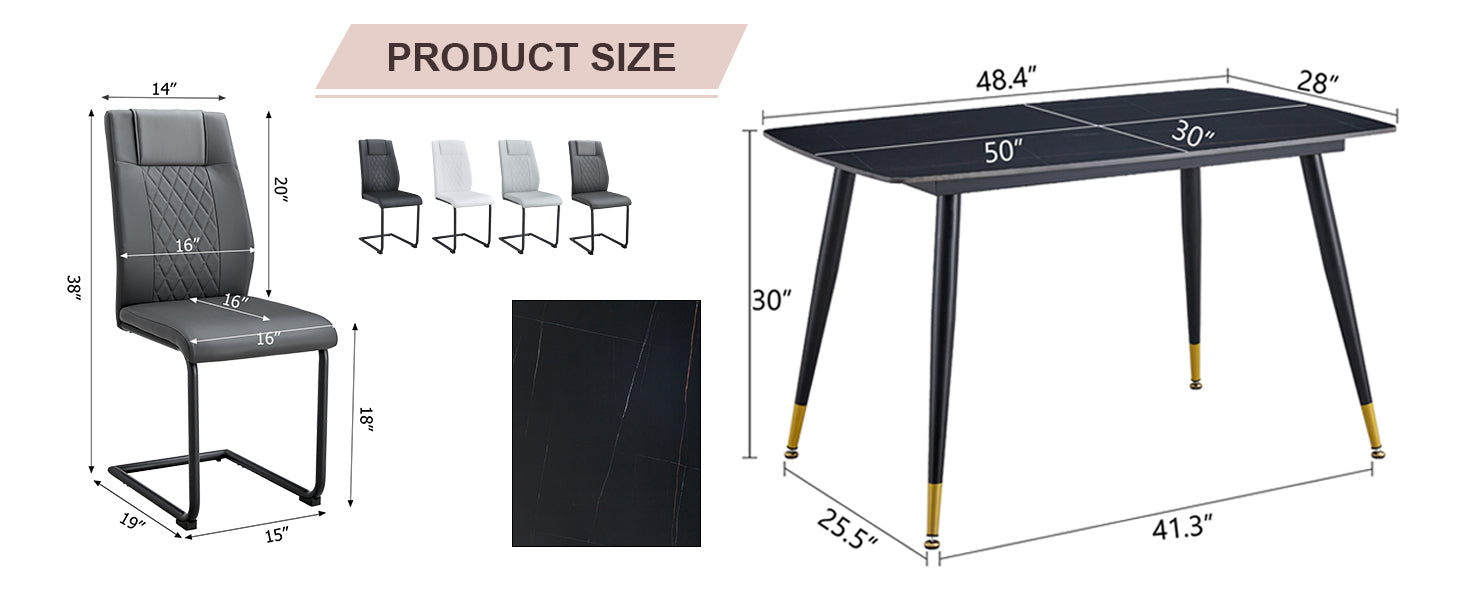 Table And Chair Set. Large Modern Rectangular Table With Black Textured Top And Black Metal Legs. Soft And Comfortable Pu Seats, Faux Leather Upholstered Seats And Sturdy Metal Legs. Grey Black Seats 4 Sintered Stone