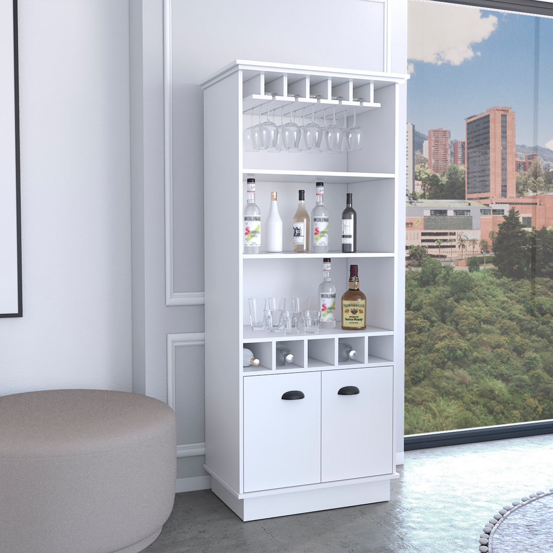 Dundee 70 Inch High 10 Glass Bar Cabinet With 5 Cubbies And 3 Open Shelves And Cabinet White White Modern Particle Board