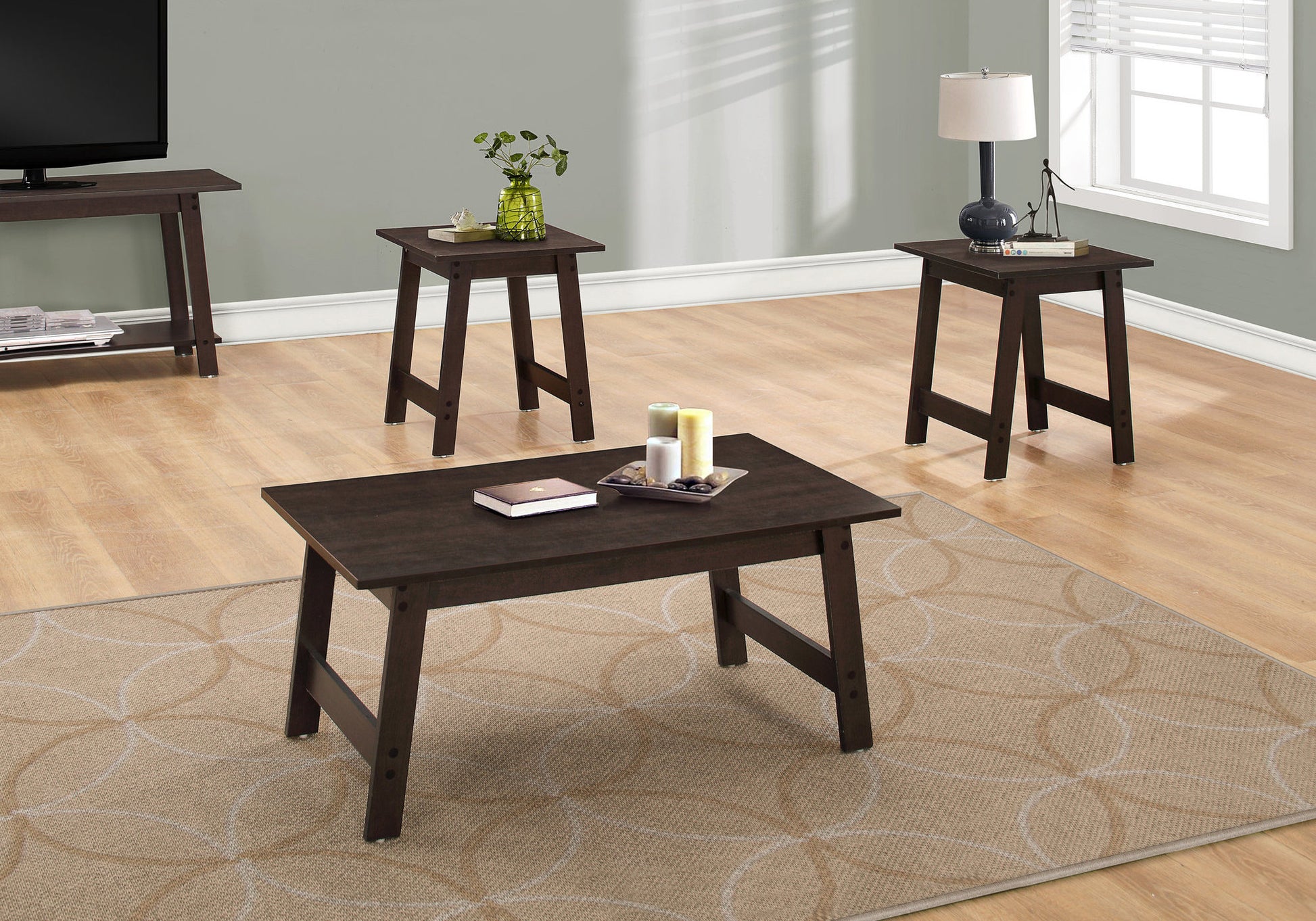 Table Set, 3Pcs Set, Coffee, End, Side, Accent, Living Room, Brown Laminate, Transitional Espresso Particle Board