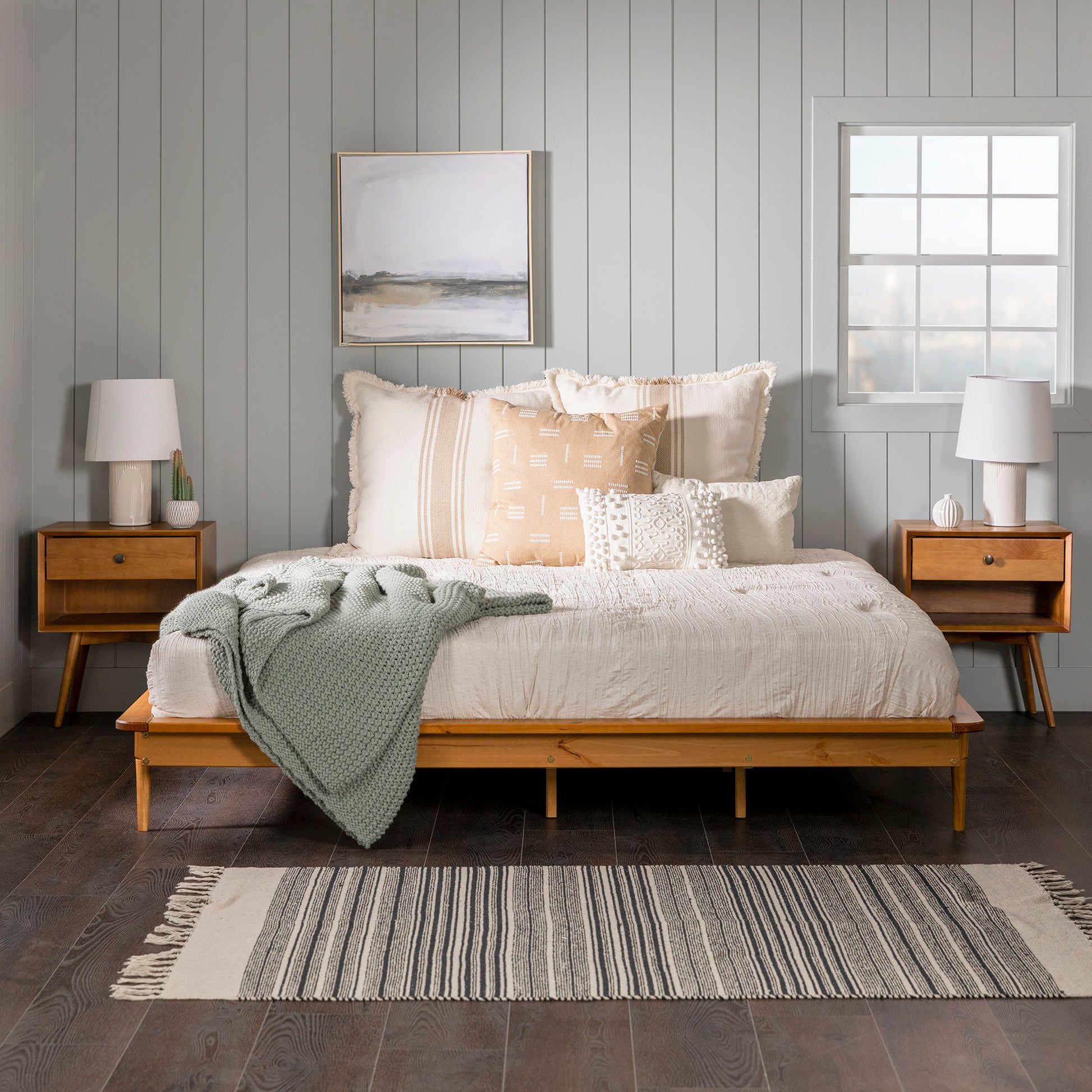 Mid Century Modern Solid Wood King Platform Bed Frame Caramel Caramel Pine
