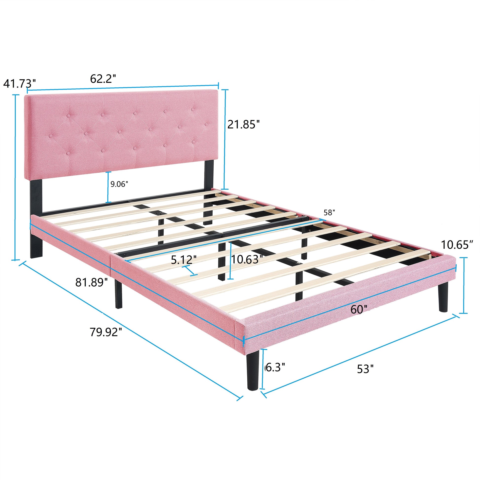 Queen Size Upholstered Platform Bed Frame With Modern Button Tufted Linen Fabric Headboard, No Box Spring Needed, Wood Slat Support, Easy Assembly, Pink Queen Pink Linen