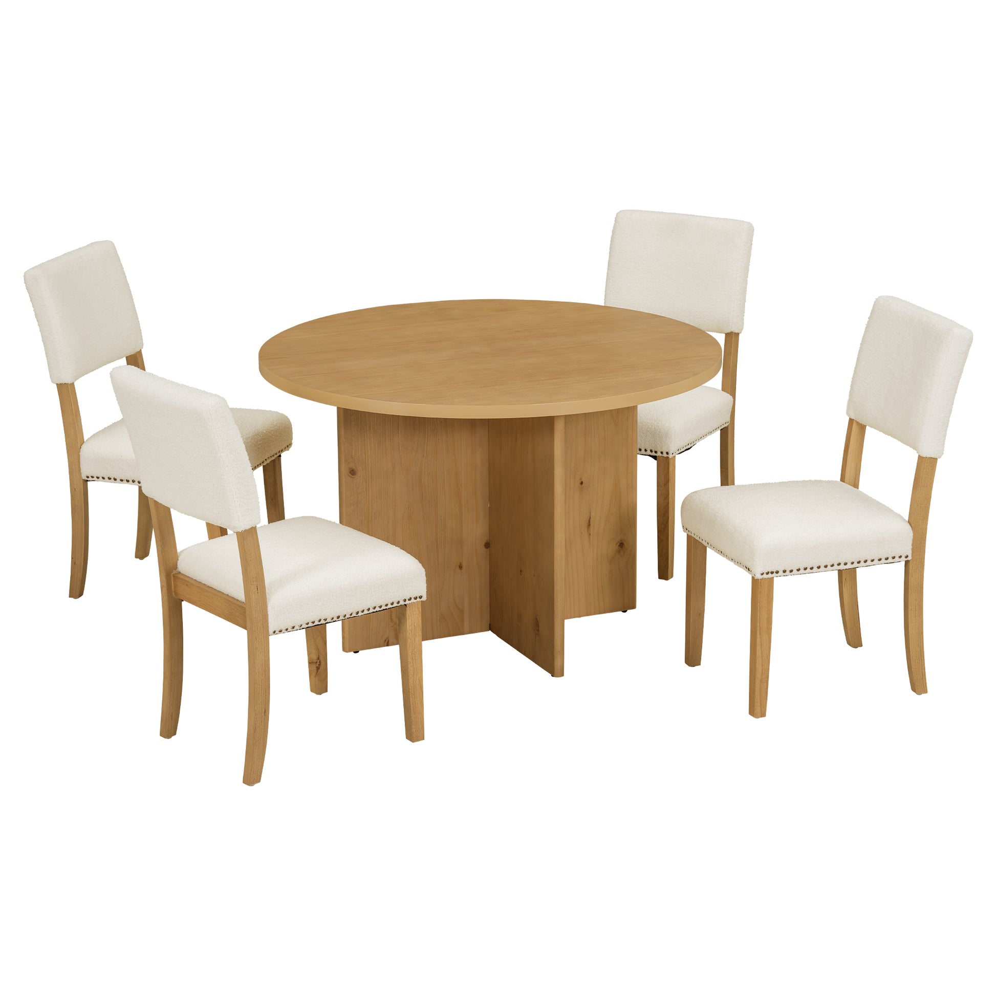 Modern 5 Piece Round Dining Table Set Pedestal Kitchen Table Set With 4 Upholstered Dining Chairs For Studio, Apartment, Small Places, Natural Wood Dining Room Solid Wood Rubberwood Round Dining Table With Chair Wood Wood Natural Solid Back Seats 4