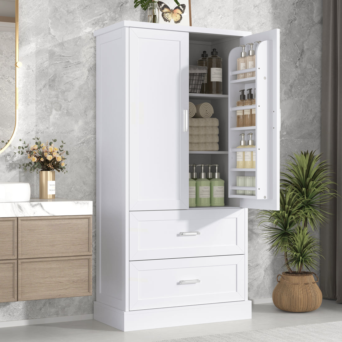 Tall Bathroom Storage Cabinet, Cabinet With Two Doors And Drawers, Adjustable Shelf, Mdf Board, White White Mdf