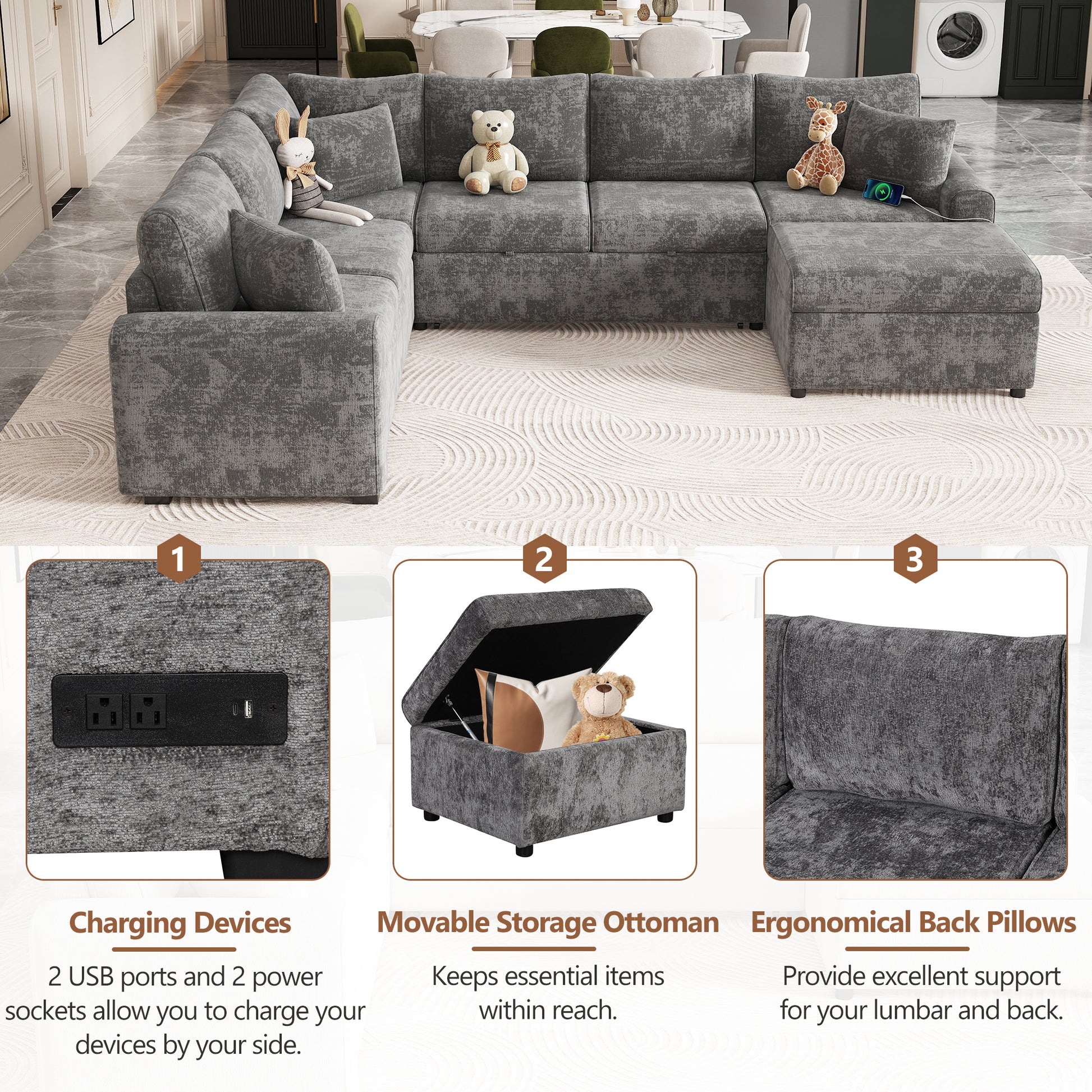 112.2" Sectional Sofa Pull Out Sofa Bed Sleeper With A Storage Ottoman,Three Pillows And Charging Devices For Living Room, Grey Grey Foam Chenille 6 Seat