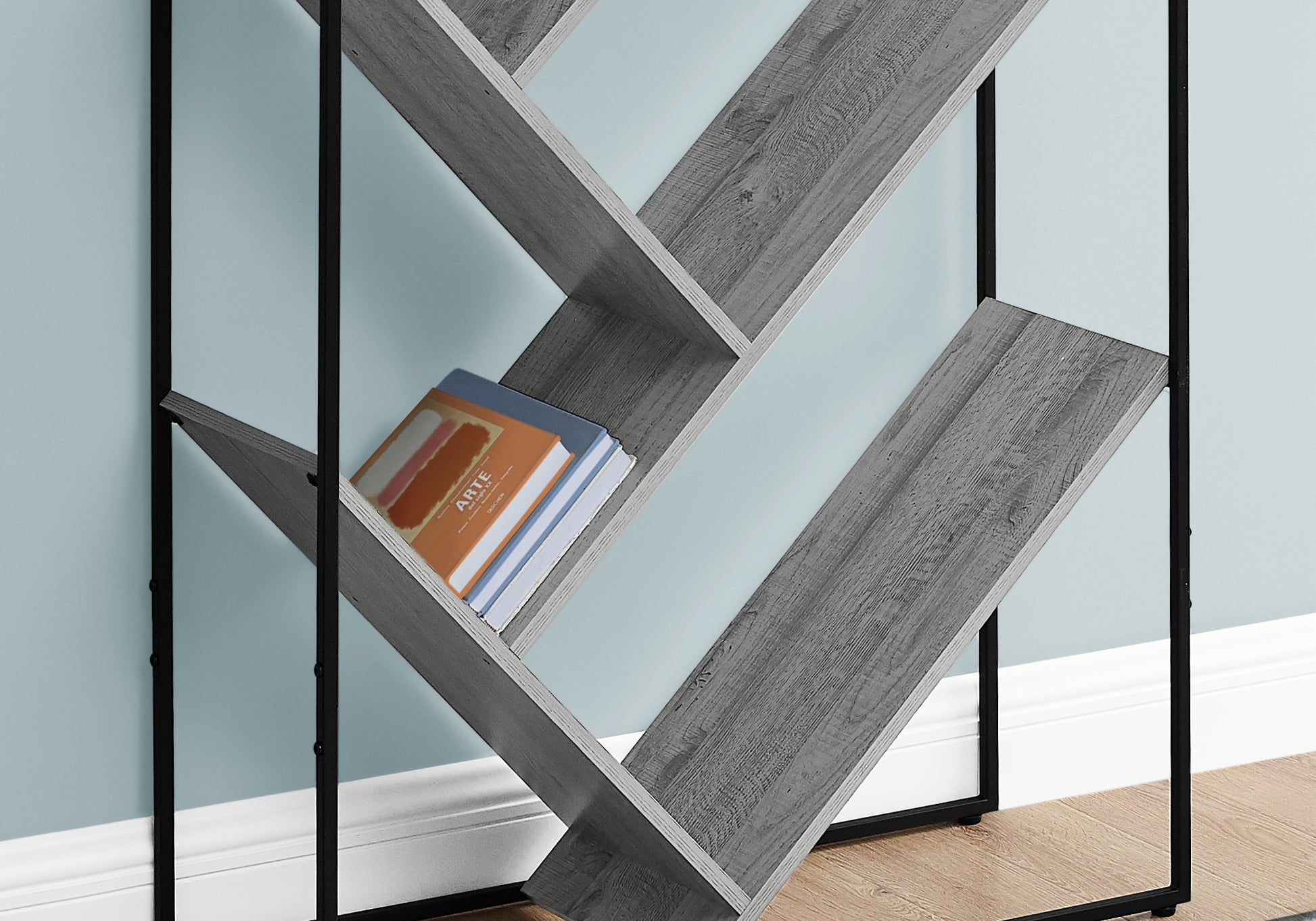 Bookshelf, Bookcase, Etagere, 3 Tier, 60"H, Office, Bedroom, Grey Laminate, Black Metal, Contemporary, Modern Grey Metal