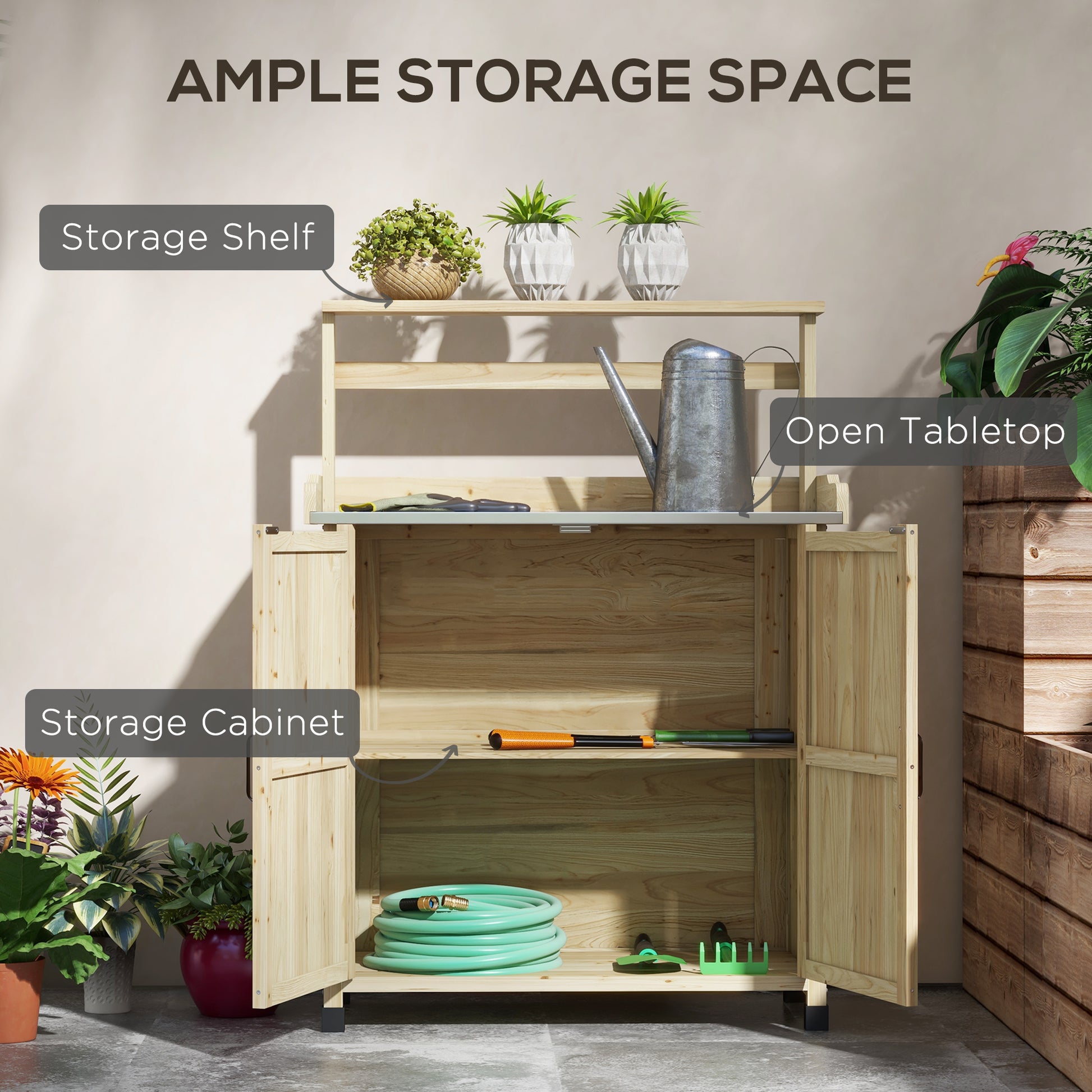 Outsunny Potting Bench, Outdoor Wooden Potting Table With Storage Cabinet With 2 Shelves, Garden Work Bench With Galvanized Plated Tabletop For Backyard, Balcony, Natural Natural Wood