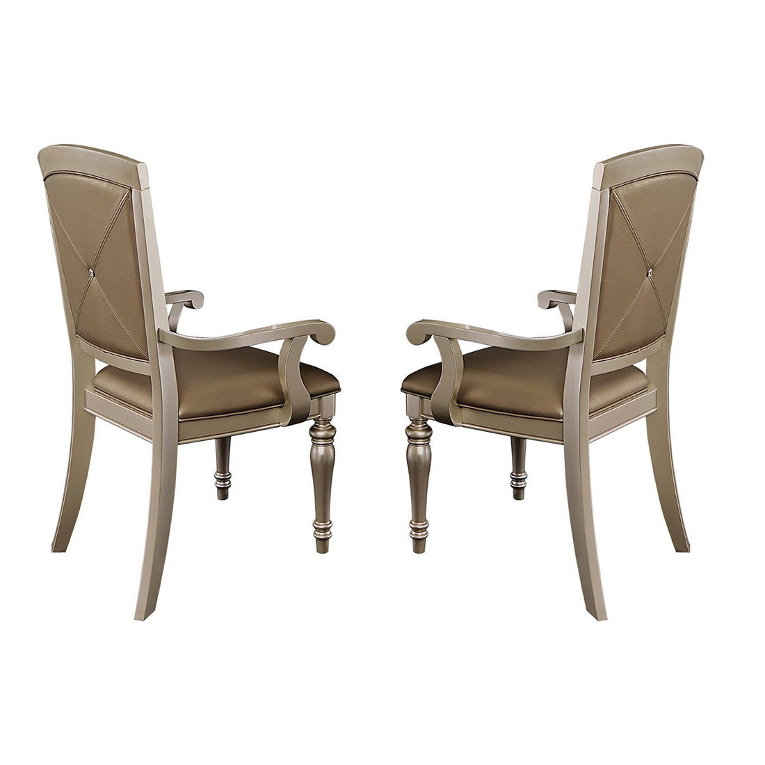 Wood & Leather Dining Side Arm Chair With Crystal Tufting, Silver, Set Of 2 Silver Leather