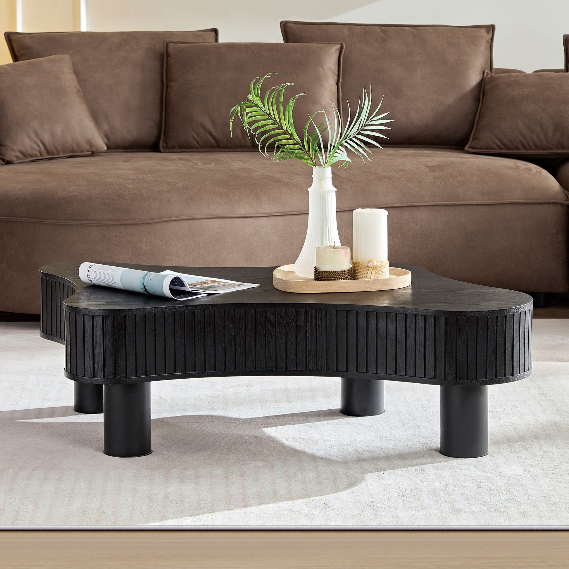 42.52 Inch Modern Wooden Handcraft Drum Coffee Table Irregular Shaped Coffee Table For Living Room,Small Coffee Table With Sturdy Pedestal,Black Black Solid Wood Mdf