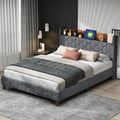 Queen Bed With Elegant Gold Metal Buttons, Built In Usb Ports, Phone Storage Pocket, And Spacious Headboard Shelving Sturdy Frame Supports Up To 300 Lbs,Mattress Not Included Queen Aqua Grey Abs