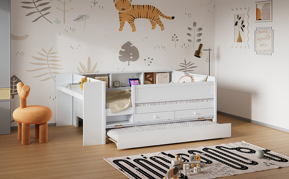 Multi Functional Twin Daybed With Drawers And Trundle, Headboard Storage And Tables, Usb Charging Station, White Box Spring Not Required Twin White Wood Daybeds Pine