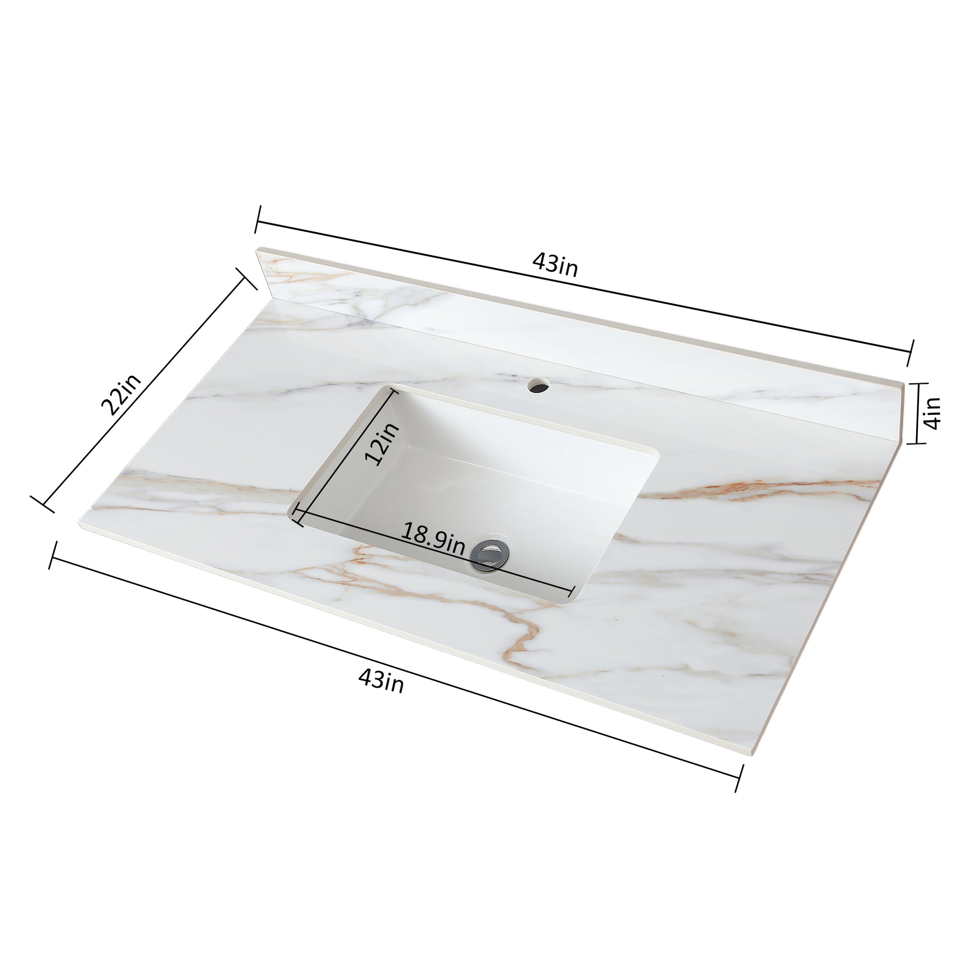 43 Inch Marble Vanity Top, Bathroom Vanity Top With Undermount Rectangular Middle Sink And 4" Height Backsplash, Pre Drilled Faucet Hole Vanity Top, Carrara White With Veins White Marble Bathroom American Design Sintered Stone Sintered Stone