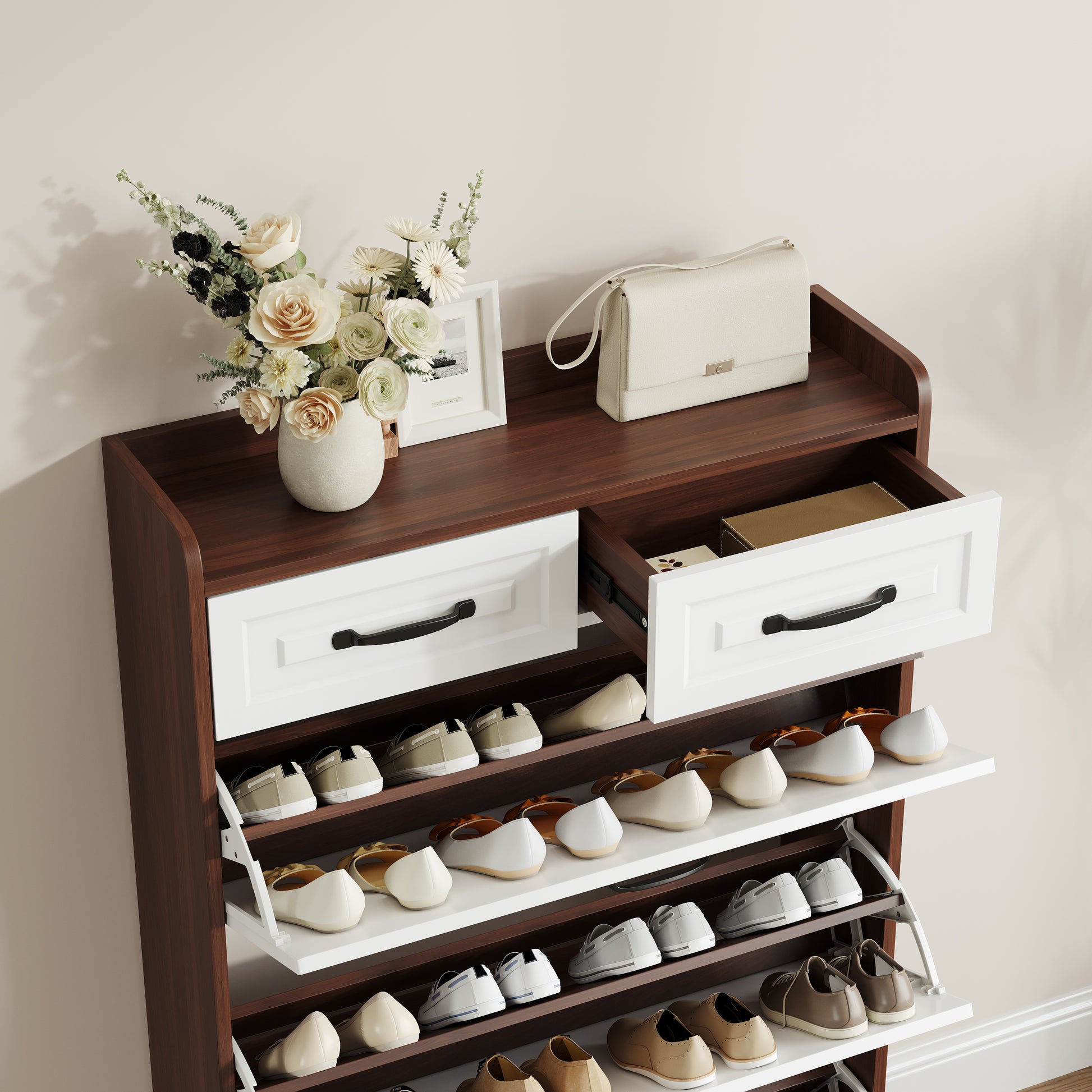 1250 Walnut Colored Shoe Cabinet, 3 Doors And 2 Drawers, Pvc Door Design, Large Storage Space Freestanding Walnut Primary Living Space Adjustable Shelves Classic Wood Particle Board Mdf