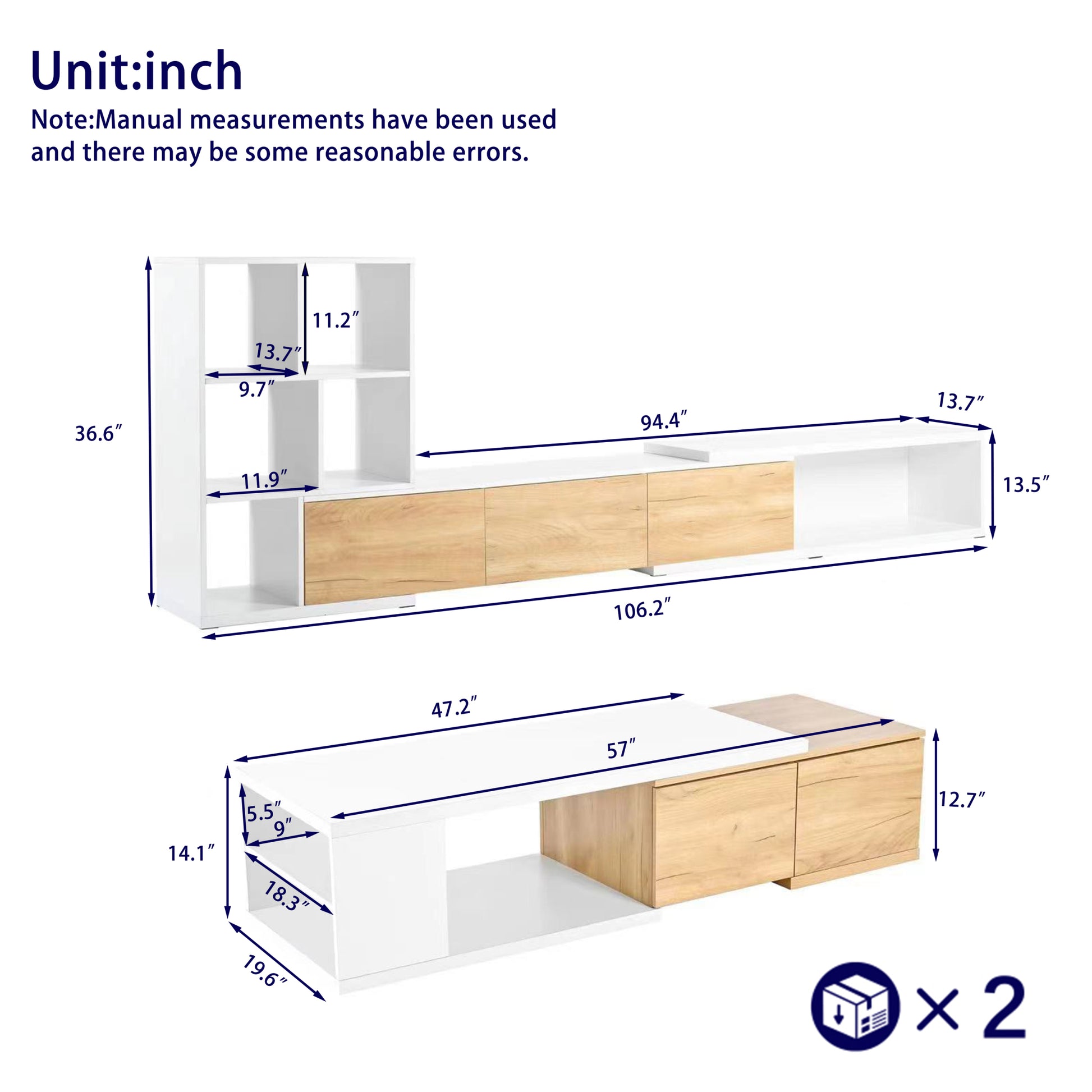 Extendable Tv Stand And Coffee Table, Set Of 2, Media Console With 3 Tier Bookshelves For Tvs Up To 110'', Dual Tone Center Table With Sliding Tabletop For Living Room, White White 90 Inches Or Larger Particle Board Mdf