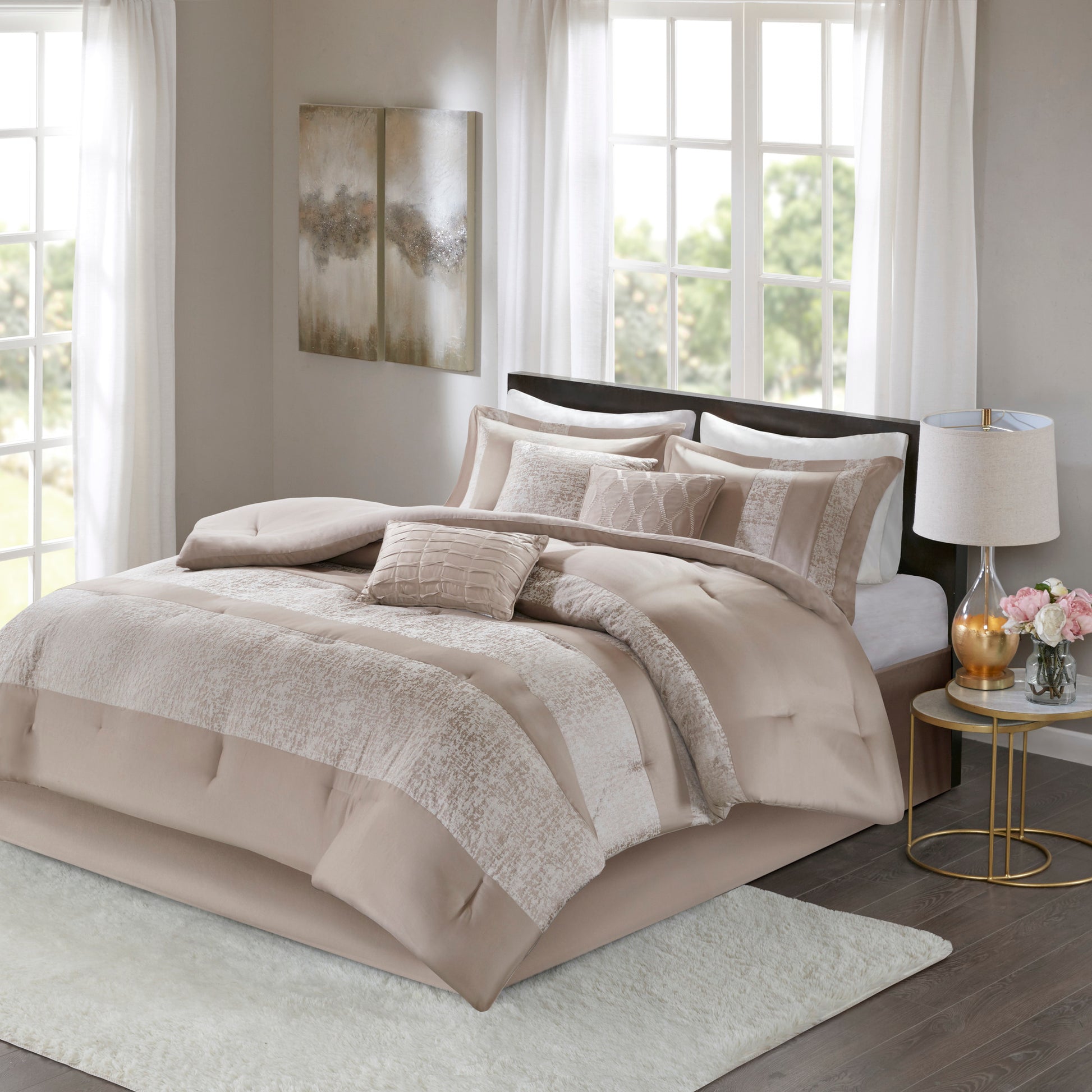 7 Piece Chenille Jacquard Comforter Set Taupe Queen Queen Multicolor Polyester