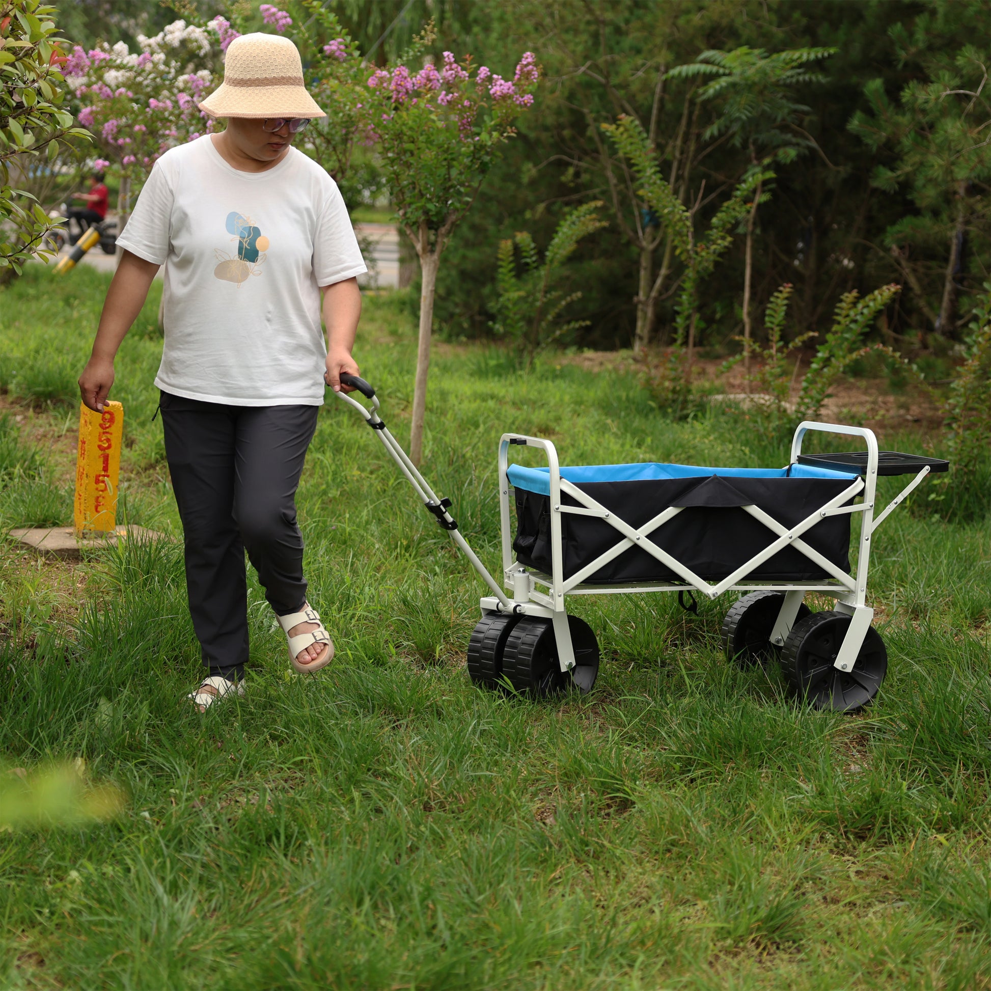 Folding Wagon Garden Shopping Beach Cart White White Black Blue Iron,Oxford Fabric